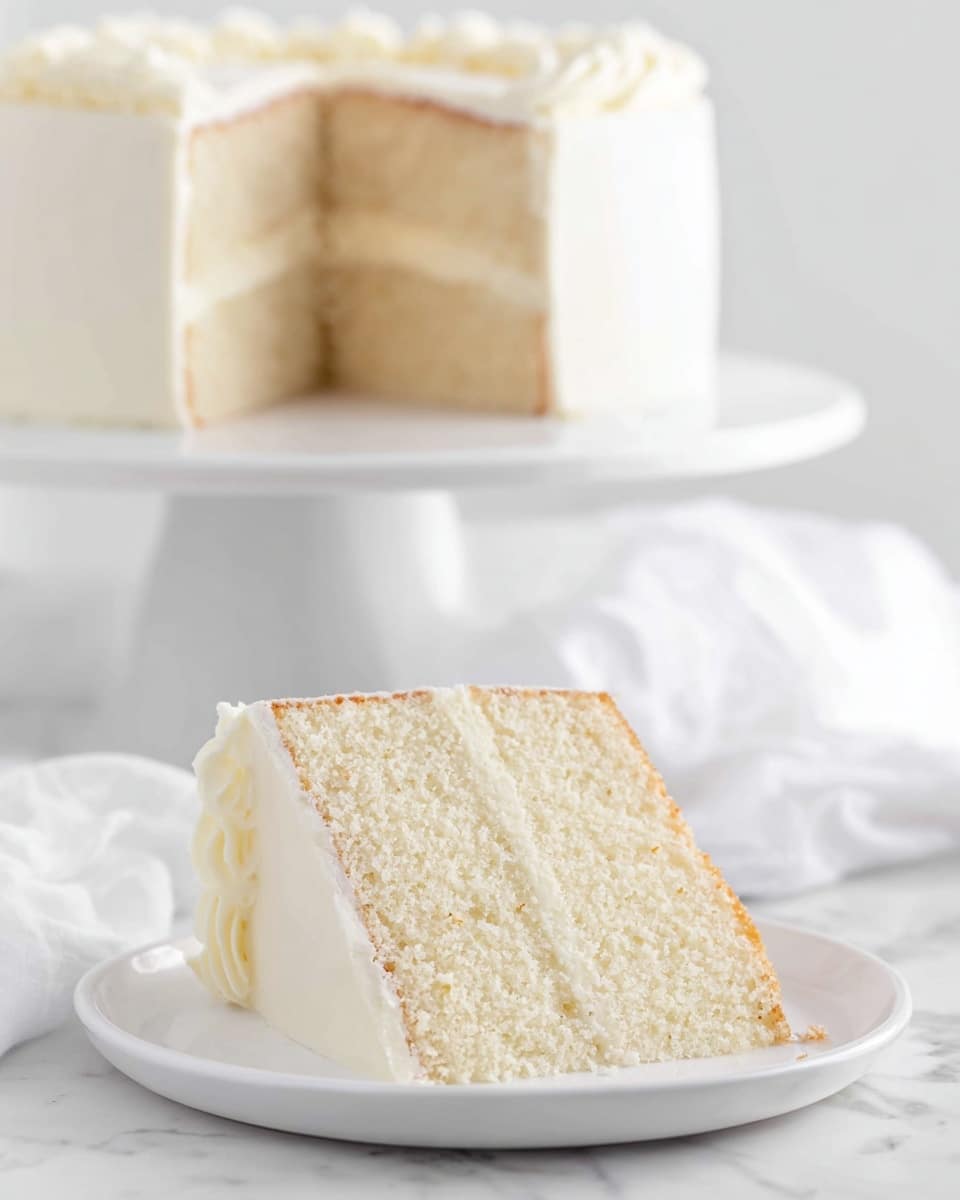 Three slices of two-layer white cake sit separately on white plates placed over a white marbled surface. Each slice shows soft, light yellow cake layers with a thin layer of white frosting in the middle and a smooth, even coating of white frosting covering the sides and top. The cake texture looks moist and spongy with slightly golden edges. The plates are simple and round, focusing all attention on the clean, classic look of the cake slices. Photo taken with an iphone --ar 4:5 --v 7