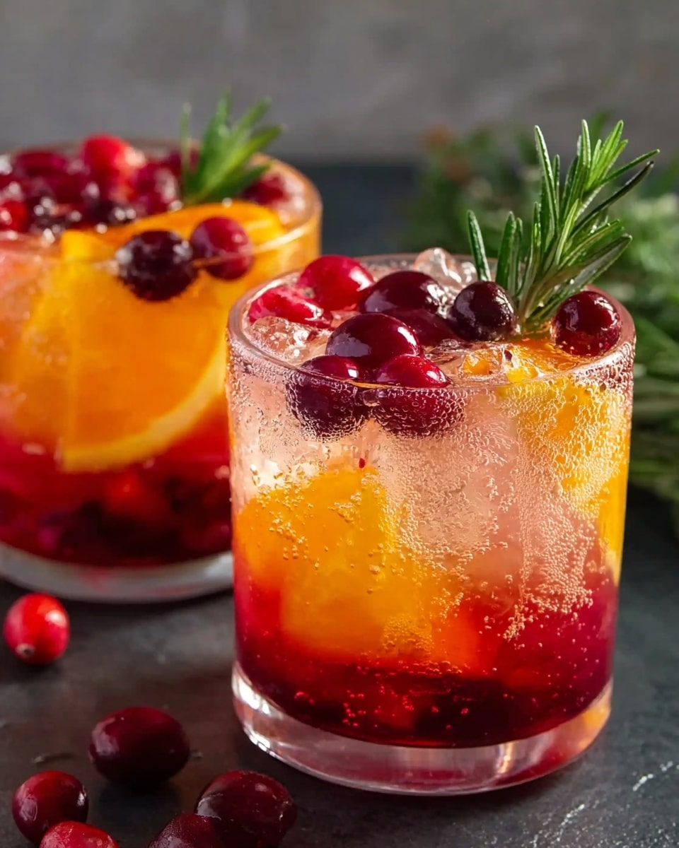 Two clear glasses filled with a bright, layered drink sit on a white marbled surface. The bottom layer is a rich red color with small bubbles, above this is a translucent, light orange section full of ice cubes. Thin orange slices are placed vertically inside the glasses, partially submerged. On top, there are bright red cranberries and green rosemary sprigs, some cranberries appearing to float with tiny bubbles around them. The overall look is fresh and sparkling. photo taken with an iphone --ar 4:5 --v 7