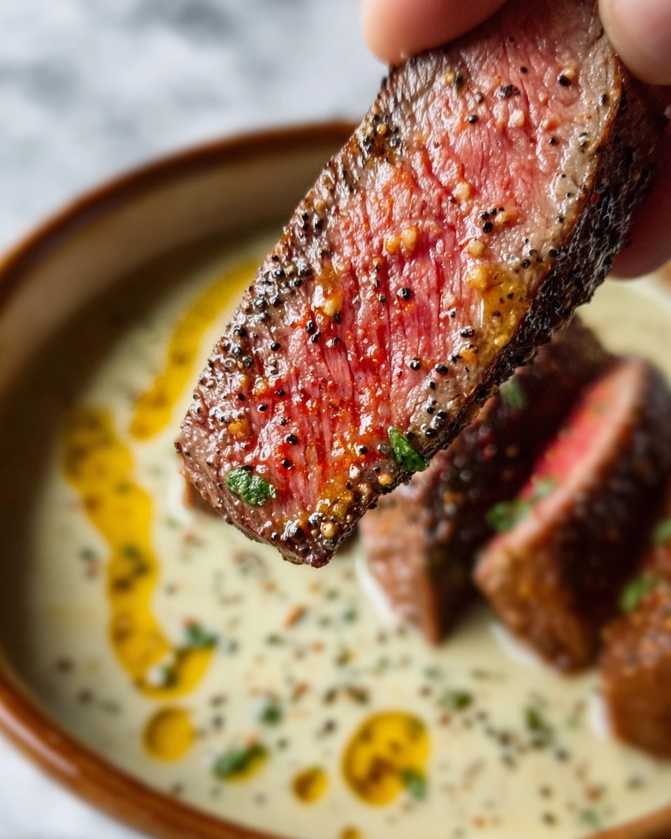 A close-up of a spoon holding a piece of cooked meat coated in a creamy, light yellow sauce with green herbs and black pepper sprinkled on top. The meat is pinkish-brown with a slight sear, and the sauce looks smooth and thick. Below the spoon, there is a white bowl filled with the same yellow sauce that has some orange oil droplets on the surface. The background is a white marbled texture. Photo taken with an iphone --ar 4:5 --v 7