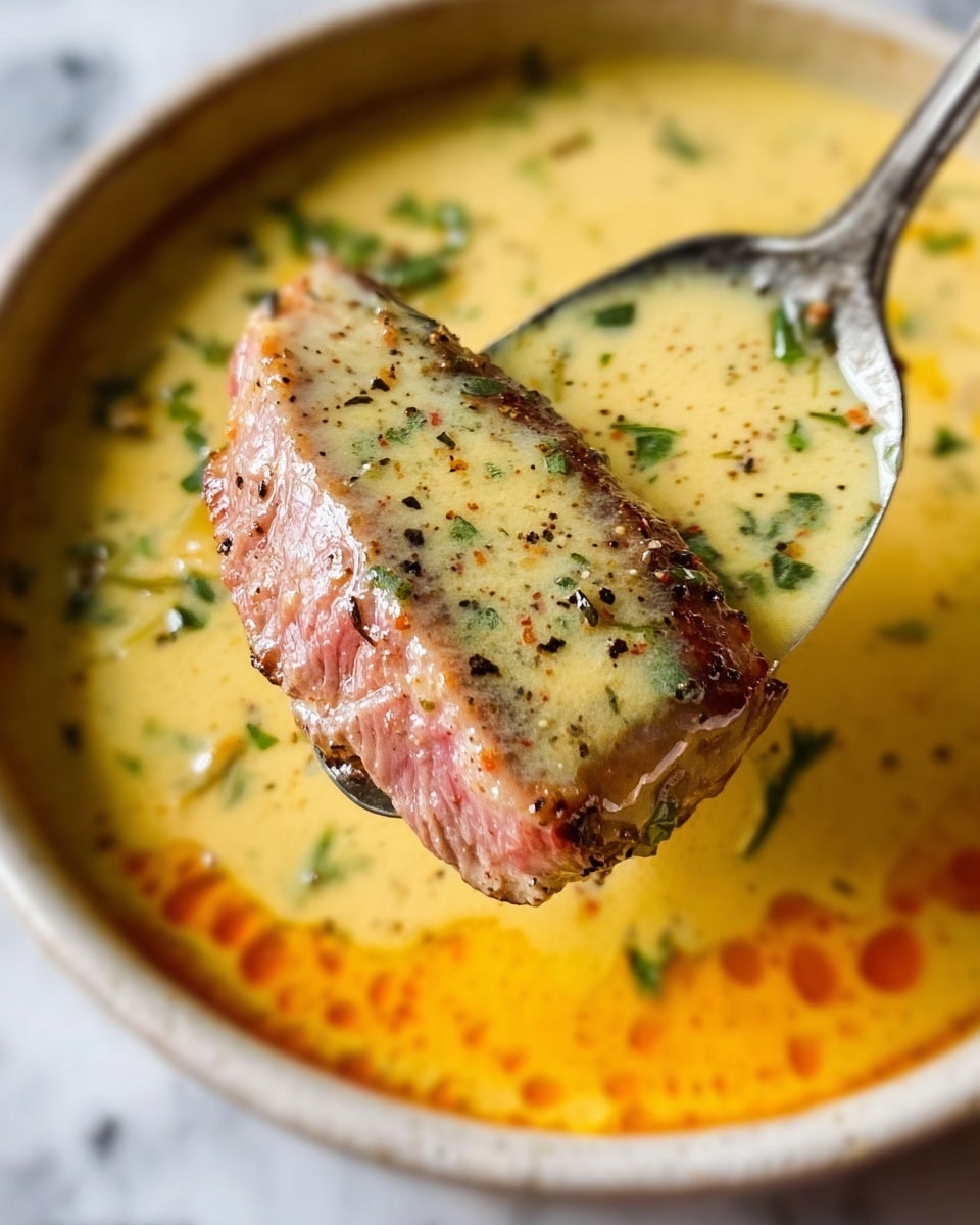 A close-up view of a cooked steak slice held by woman's hand, showing a medium-rare pink center with seasoned black pepper on the brown seared edges. The steak is dipped into a creamy sauce that has a smooth texture with small green herbs and oil droplets floating on a white bowl. The background features a white marbled texture. photo taken with an iphone --ar 4:5 --v 7