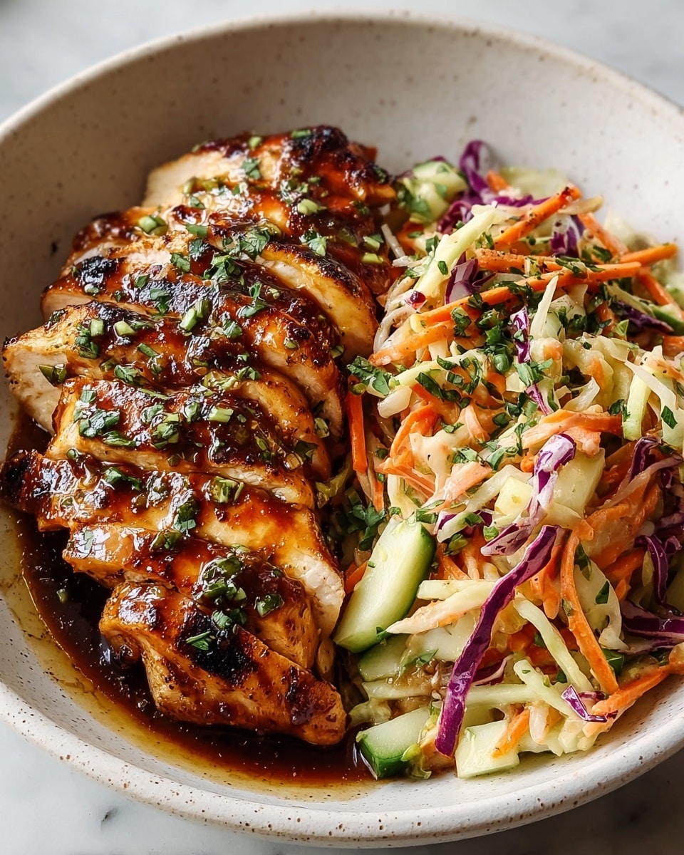 The dish shows five slices of grilled chicken breast arranged in a slight overlap on the left side of a white plate. The chicken is golden brown with charred grill marks and is covered with a glossy, dark brown glaze, scattered with small pieces of chopped green herbs. On the right side of the plate, there is a colorful slaw made of thinly shredded carrots, green cucumber, purple cabbage, and white cabbage, lightly mixed and garnished with green herb leaves. The plate sits on a white marbled surface with some herb pieces scattered around the edge. photo taken with an iphone --ar 4:5 --v 7