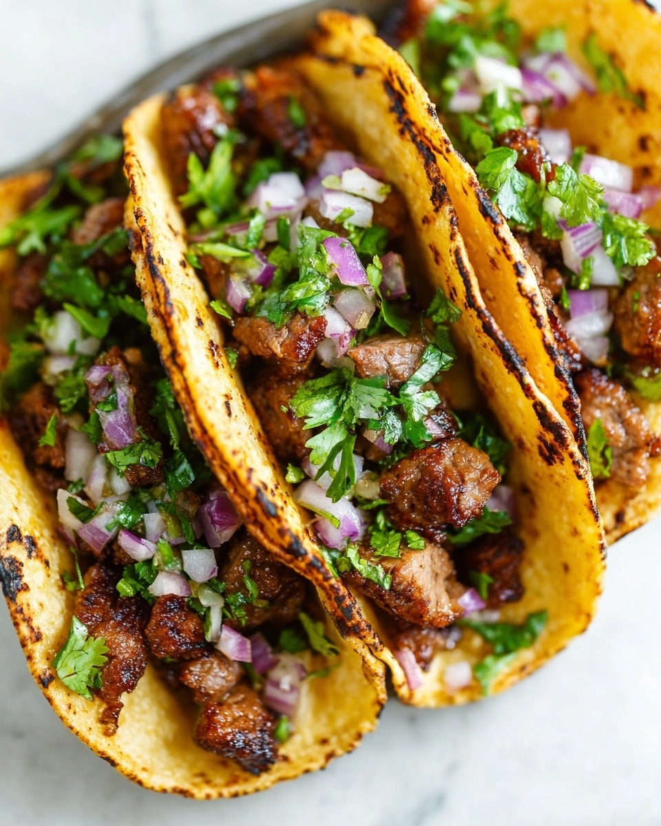 The image shows a round metal tray with six small tacos arranged in a circle on a white marbled surface. Each taco has a single layer of slightly charred tortillas filled with pieces of cooked brown meat, topped with chopped light purple onions and green cilantro leaves. In the center of the tray, there is a small clear glass bowl filled with lime wedges that are bright green. Around the tray on the marble surface, there are extra tortillas stacked, fresh cilantro sprigs, whole limes, and a small clear bowl with additional chopped onions. Photo taken with an iphone --ar 4:5 --v 7