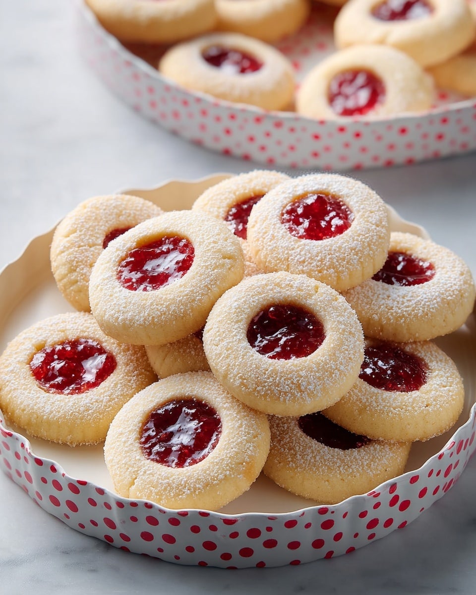 A round white scalloped paper container filled with about ten small thumbprint cookies, each cookie showing a light golden color with a central round red jam filling, sprinkled lightly with powdered sugar. Two cookies rest outside the container on a white marbled surface, and a second similar container with more cookies is partially visible at the top right edge. photo taken with an iphone --ar 4:5 --v 7