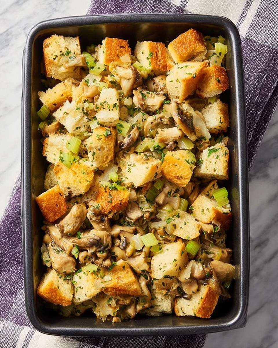 The image shows a rectangular black baking dish filled with stuffing made of golden-brown toasted bread cubes mixed with pieces of celery, onions, and herbs. The bread cubes are uneven in size and are lightly browned on the edges with a soft, textured surface. Small chunks of celery and translucent cooked onions are distributed evenly throughout the dish, adding light green and white colors to the mix. The herbs are sprinkled across the stuffing, giving it a speckled green look. The dish sits on a white marbled surface with a folded striped cloth towel underneath. photo taken with an iphone --ar 4:5 --v 7