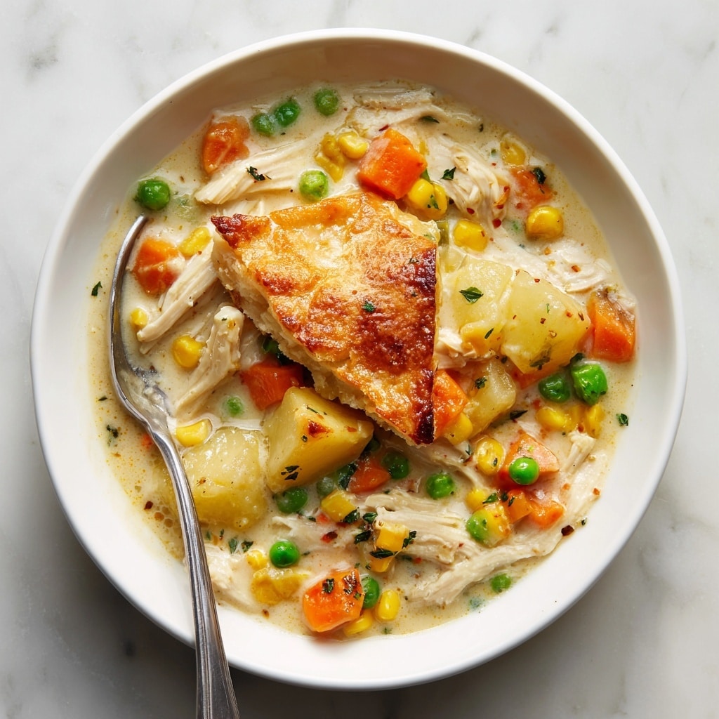 A white bowl filled with a creamy chicken pot pie filling showing several layers: at the bottom, soft chunks of white potato with a smooth, light beige sauce covering them, mixed with bright orange carrot slices, green peas, and yellow corn bits scattered throughout. Tender shredded chicken pieces with a pale beige color rest on top of the vegetables. Two round golden-brown pie crust pieces, one whole and one broken, sit on the left side of the bowl. A shiny metal spoon is placed inside the bowl, with its handle resting on the bowl’s edge. The bowl is set on a white marbled surface. photo taken with an iphone --ar 4:5 --v 7
