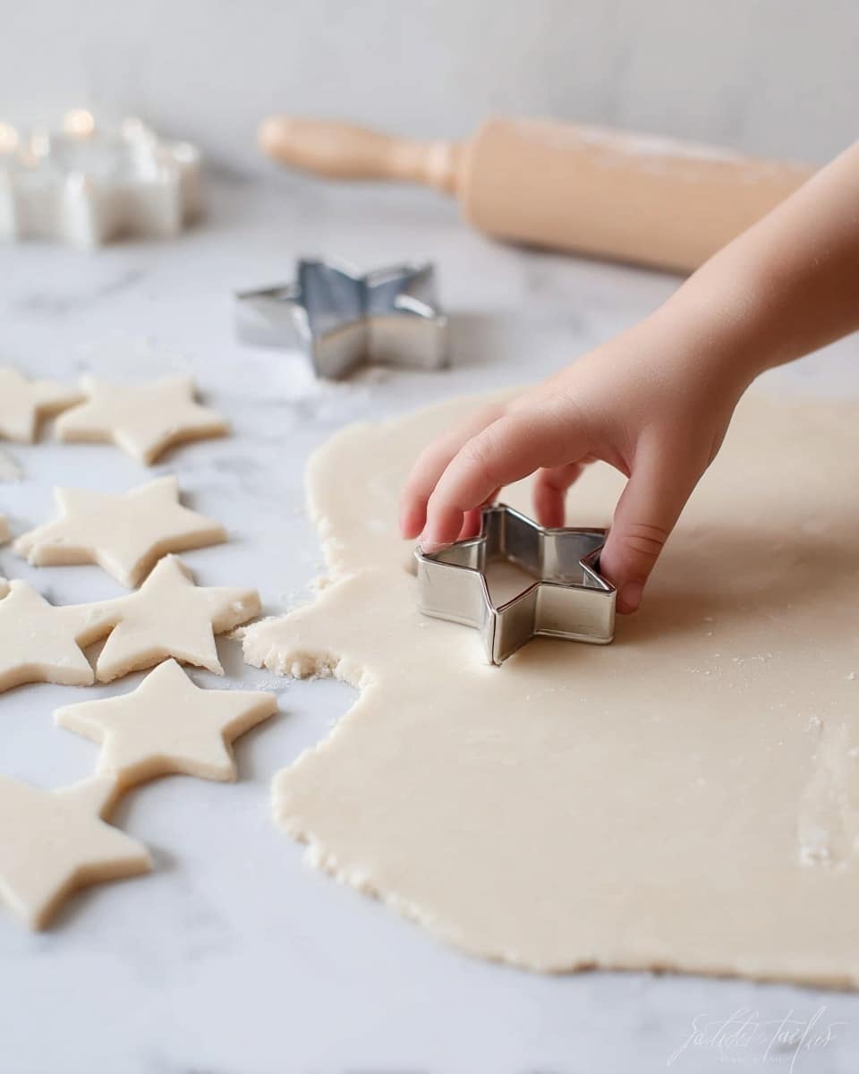 The image shows three star-shaped cookies placed on a white marbled surface. Each cookie is pale beige with a smooth texture and has a small hole near one point, as if for threading. A soft pink ribbon weaves through the holes of two cookies, trailing from a neat folded bundle of the same ribbon on the left side of the image. A blurred woman's hand is seen on the far right side, gently holding the end of the ribbon. The overall setting is simple and clean with soft lighting, highlighting the delicate shapes and colors. photo taken with an iphone --ar 4:5 --v 7