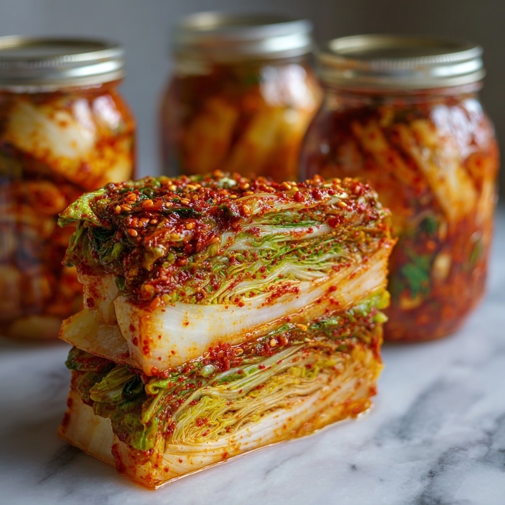 The image shows a close-up of a large piece of kimchi standing upright with multiple layers of napa cabbage leaves coated in bright red chili paste. The outer layers have a mix of orange and deep red colors with visible chili flakes and a slightly wet texture. The inner layers are light yellow and green, showing the cabbage’s natural color with some red paste spreading inside. Behind the kimchi, there are two clear glass jars filled with more kimchi, including visible cabbage and red sauce inside, with silver lids. The whole setup is placed on a white marbled textured surface. photo taken with an iphone --ar 4:5 --v 7