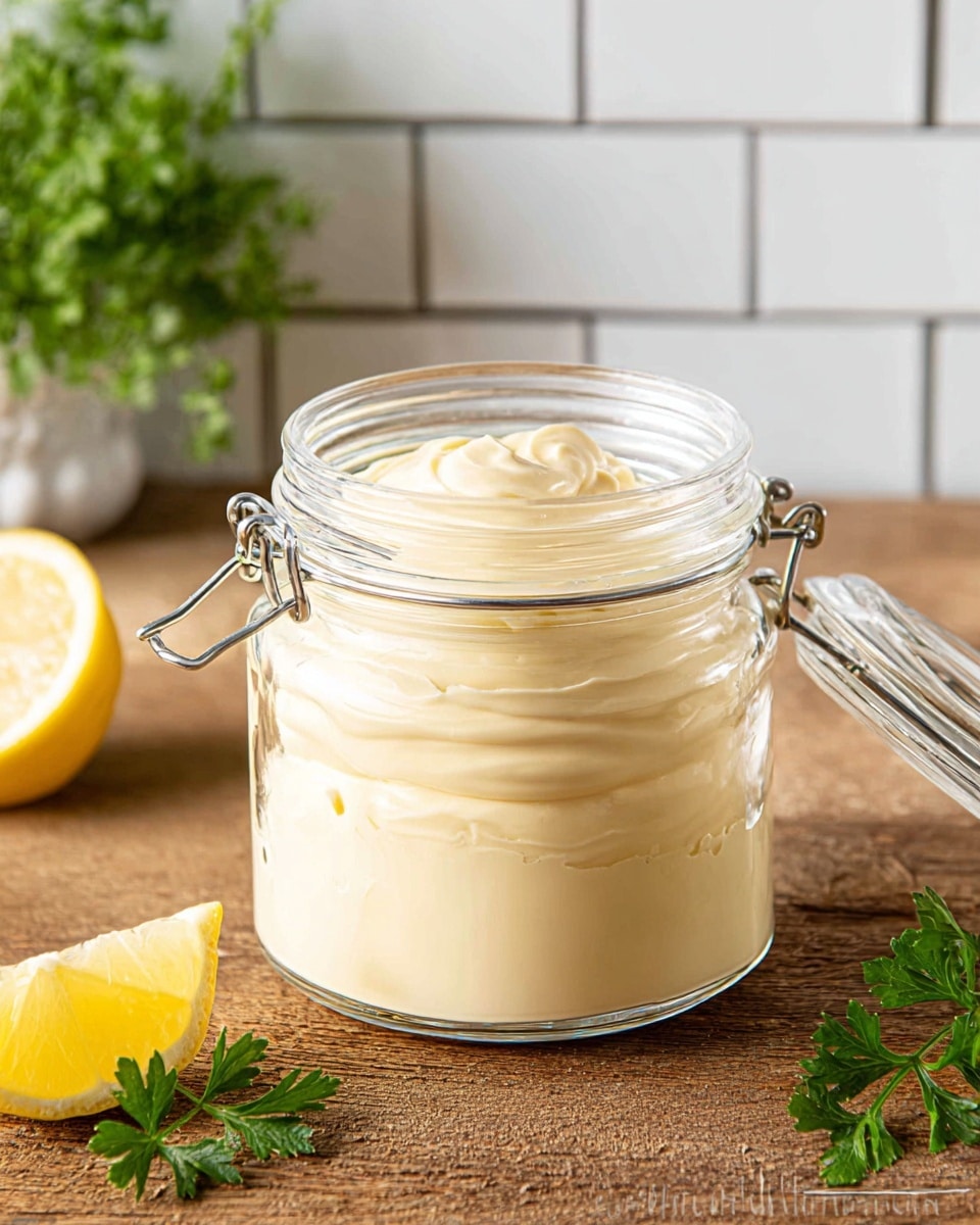 A clear glass jar with a latch lid open to the side is filled with smooth, creamy, pale yellow mayonnaise. The mayonnaise inside is thick with gentle swirls and soft peaks visible on the surface. The jar sits on a rustic wooden table, with a wedge of bright yellow lemon to the lower left and a sprig of fresh green parsley to the lower right. The background shows white subway tiles and some blurred greenery adding a fresh touch. The photo taken with an iphone --ar 4:5 --v 7