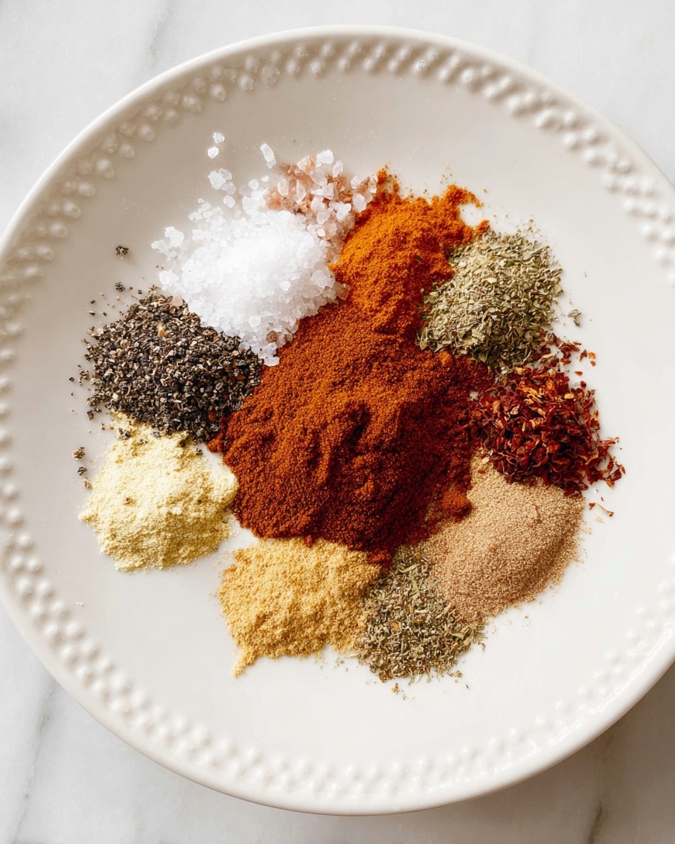 A white scalloped-edge shallow bowl is filled with a single thin layer of mixed spices, showing varied textures and colors such as brown, red, and black specks spread evenly across the surface. The bowl rests on a white marbled surface partially covered by a red cloth with a yellow and white geometric pattern. The spices appear coarse and finely ground, with occasional small chunks visible. The image captures the spices in clear focus, highlighting their rough texture and earthy tones. photo taken with an iphone --ar 4:5 --v 7