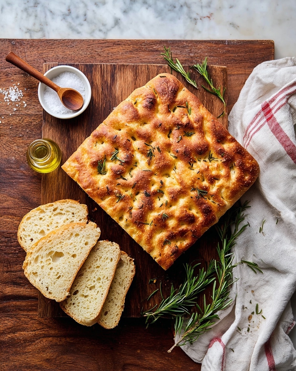 A square focaccia bread with a golden-brown crust showing bubbled and crispy textures, topped with scattered small sprigs of fresh rosemary and coarse sea salt, rests on a wooden cutting board. To the left, three thick slices of the bread reveal a soft, airy, pale inside with uneven holes. Nearby on the board, a small white bowl contains sea salt with a wooden spoon, and a small glass bottle filled with olive oil sits close by. A white and red striped cloth is placed on the right side, and some loose rosemary sprigs lie near the bottom edge. The scene is set on a white marbled texture. photo taken with an iphone --ar 4:5 --v 7