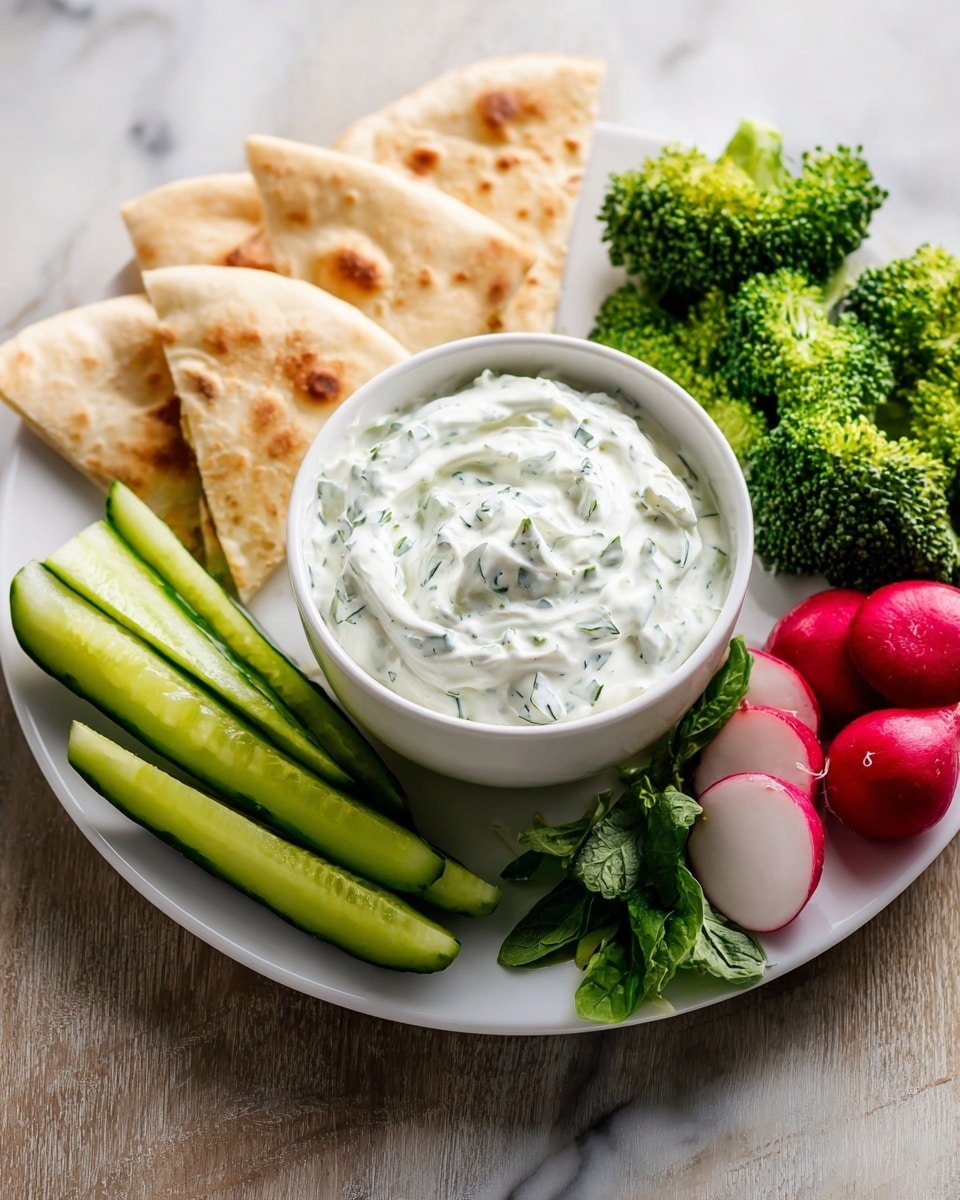 A white round plate with a small white bowl in the center filled with creamy, white yogurt dip mixed with small green herb pieces and tiny cucumber bits visible in the swirled texture. Surrounding the bowl are fresh, crisp green cucumber sticks arranged in a neat stack to the left, bright red radish slices with green leaves to the right, light green broccoli florets grouped near the radishes, and triangular pieces of tan pita bread placed flat on the left side of the plate. The whole arrangement sits on a white marbled surface. Photo taken with an iphone --ar 4:5 --v 7