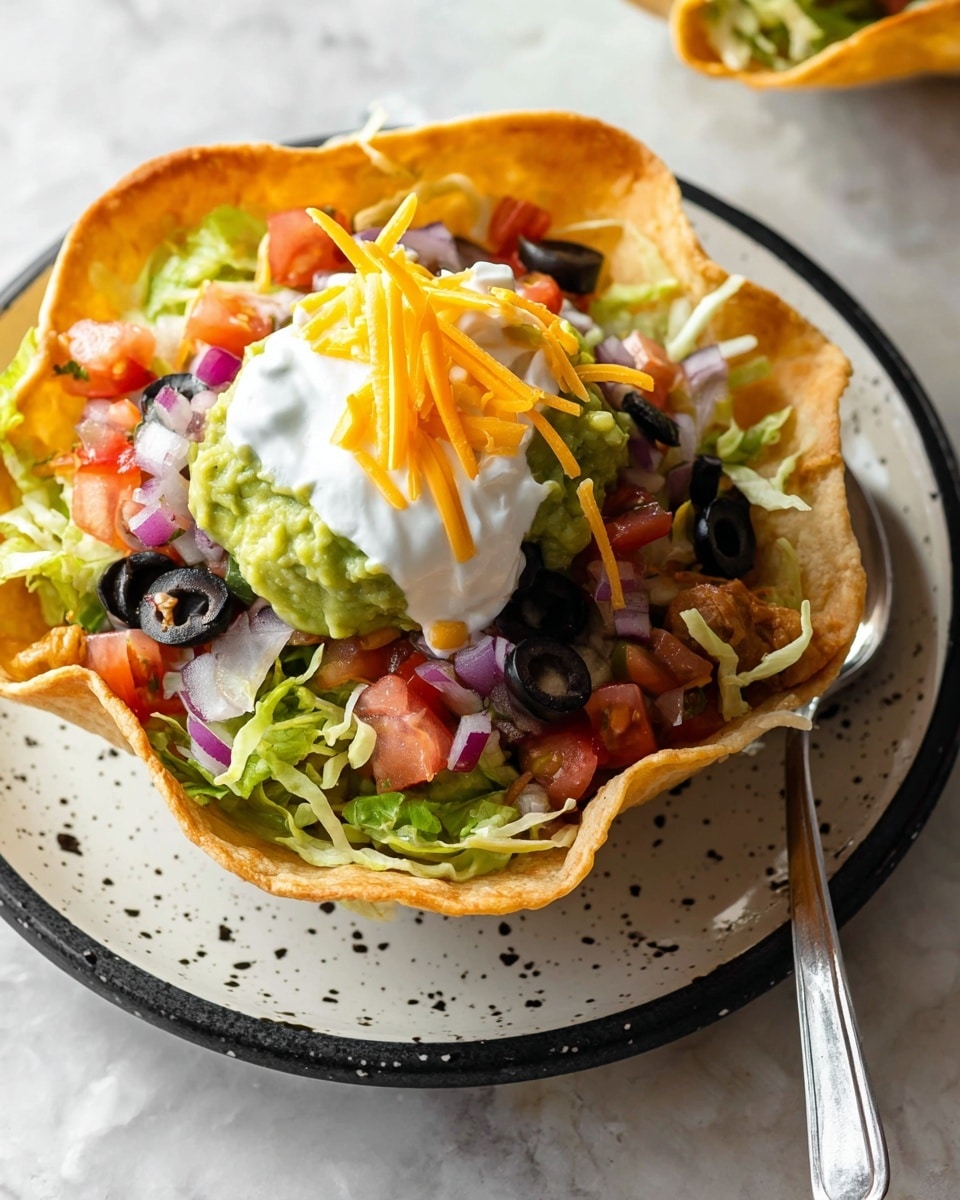 A crispy golden-brown tortilla bowl holds multiple layers starting with fresh green shredded lettuce at the base, topped with a mix of diced red tomatoes, chopped red onions, and sliced black olives. Above this sits a scoop of light green guacamole and a dollop of white sour cream, both garnished with thin, bright orange shredded cheddar cheese. A silver spoon rests inside the bowl on the right side. The bowl is set on a white plate with a speckled black pattern, placed on a white marbled surface. photo taken with an iphone --ar 4:5 --v 7