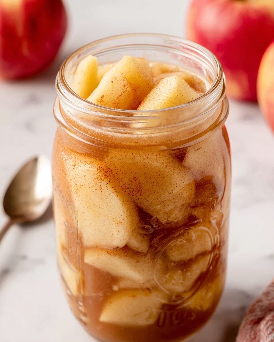 A clear glass jar filled with soft, cooked apple slices covered in a light brown syrup thick with visible cinnamon specks, the apple pieces are light yellow and tan, floating throughout the jar in the syrup. The jar is open, showing the textured edges and the layers of fruit inside. The background is a white marbled texture with blurred red apples and a small spoon in soft focus. Photo taken with an iphone --ar 4:5 --v 7