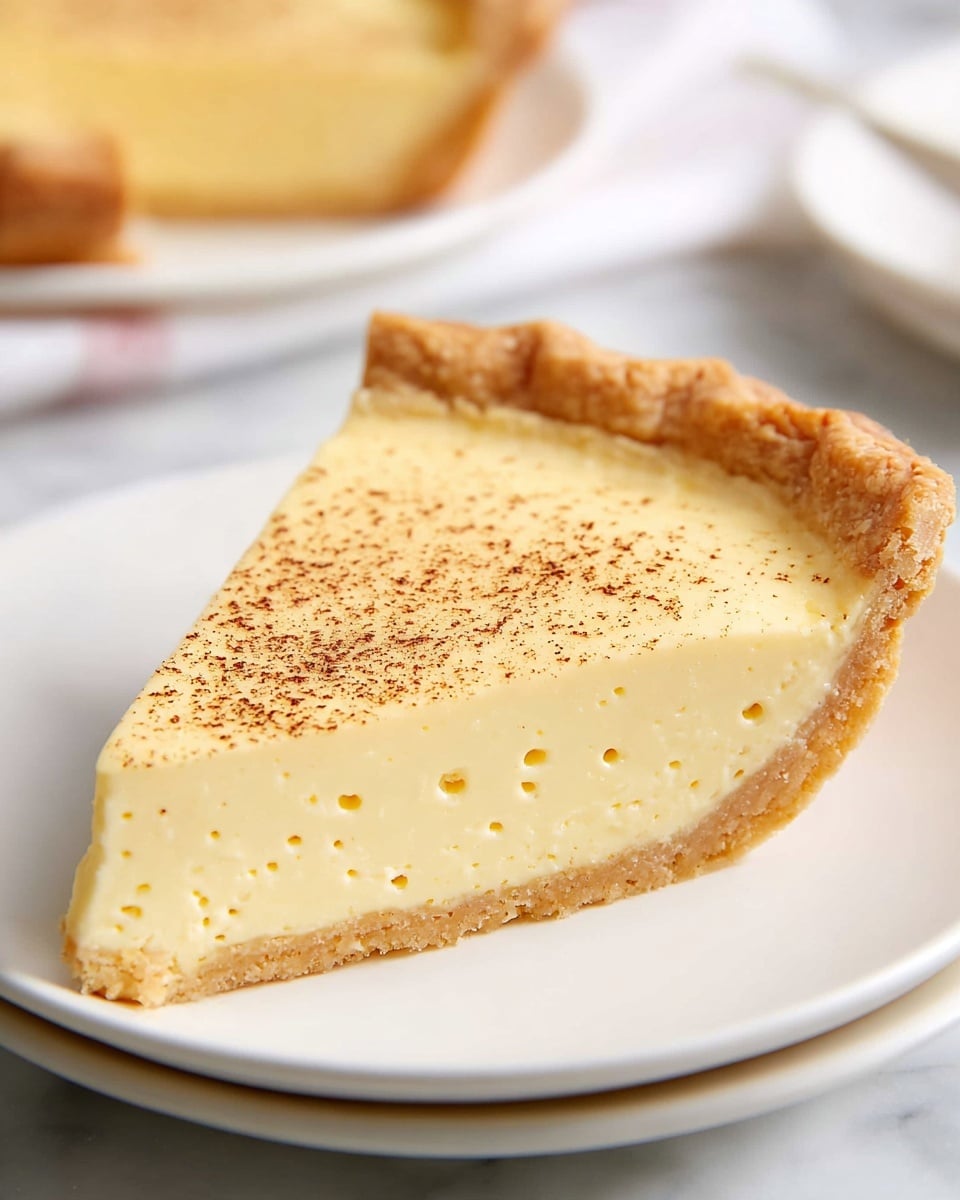 A creamy pie in a clear glass dish sits on a white marbled texture. The pie has two visible layers: a thick, smooth pale yellow custard layer in the middle, and a thin golden brown crust at the bottom and edges that looks slightly crumbly. The top layer is light golden with small brown specks sprinkled evenly across. One slice is cut out, showing the soft custard inside, with a small piece missing from the crust near the edge of the dish. In the background, there are stacked white plates with a faint design, slightly blurred. photo taken with an iphone --ar 4:5 --v 7