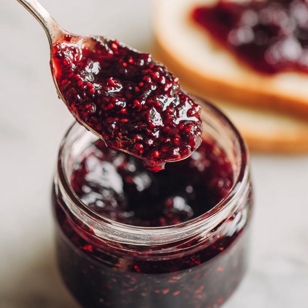 A close-up view shows a spoon with thick, shiny dark red jam full of small fruit pieces held above a glass jar filled with the same jam, with some jam spread on a white slice of bread in the background. The jam looks sticky and glossy, and the jar is placed on a white marbled surface. photo taken with an iphone --ar 4:5 --v 7