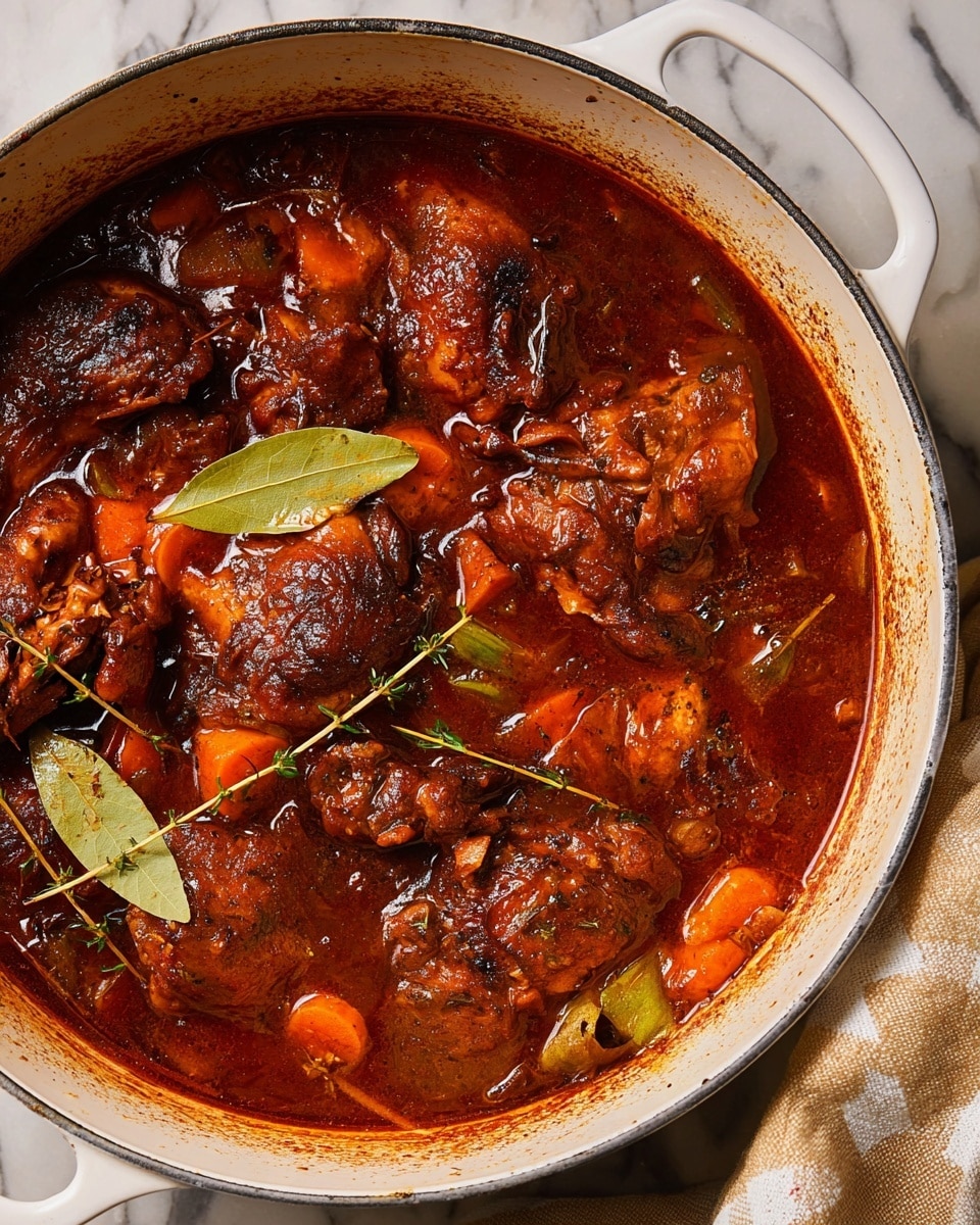 A close-up view of a large pot filled with a rich, dark brown stew showing several pieces of browned chicken partially submerged in a deep red, thick sauce. The stew also contains visible chunks of bright orange carrots and small pieces of green vegetables scattered throughout. Bay leaves and a few thin twigs are placed on top, sitting on the surface of the stew. The inside of the white pot shows splashes of sauce stains, indicating it has been cooked for a while. The pot rests on a white marbled surface with a beige and white checkered cloth partially visible on the side. Photo taken with an iphone --ar 4:5 --v 7