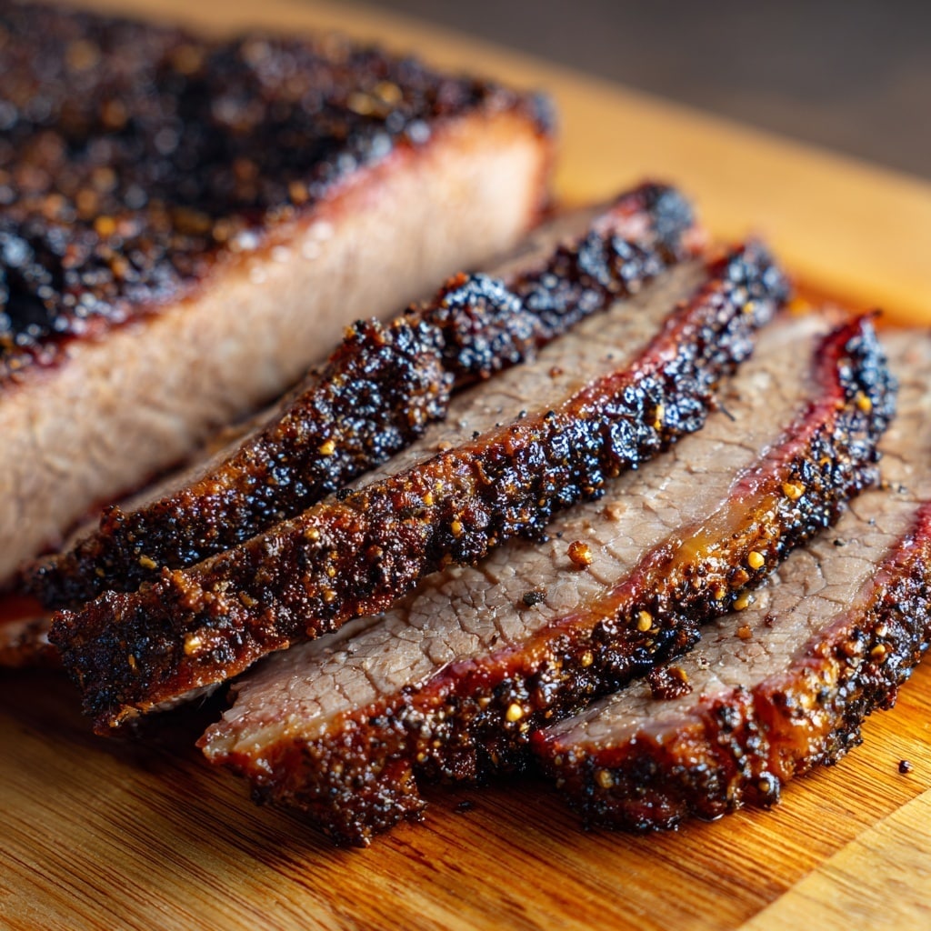 A close-up of a large piece of smoked beef brisket resting on a wooden cutting board, showing a dark, crispy, and textured bark on the top layer, with a thick fat layer beneath it that is light beige and glossy. Below the fat, the main meat layer is seen with a brown, well-cooked texture and visible grain. In the foreground, there are several slices of brisket with a similar layered structure, blurred gently to focus on the main piece. The image has a warm, rich tone with the wooden board’s striped brown color complementing the meat. photo taken with an iphone --ar 4:5 --v 7