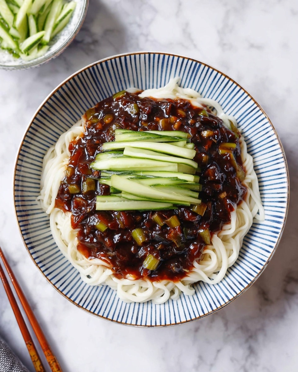 A bowl with white noodles making up the base layer, topped with a thick, dark glossy sauce mixed with diced vegetables giving a rich black-brown texture in the middle layer, and finished with thin, green cucumber sticks neatly stacked in the center. The bowl is white with blue vertical stripes, placed on a white marbled surface with chopsticks on the side and a small bowl of cucumber sticks nearby. photo taken with an iphone --ar 4:5 --v 7