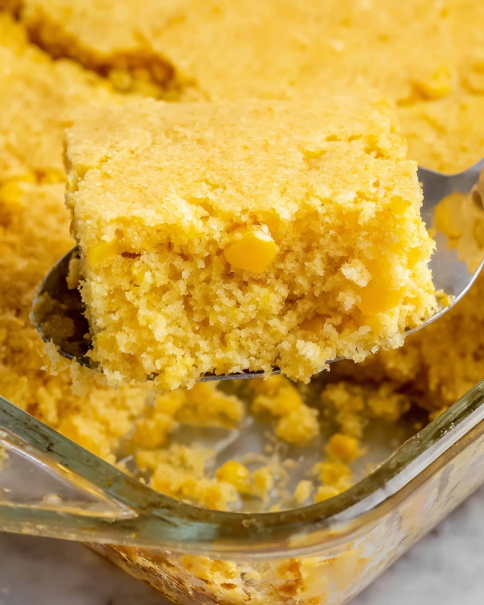 A close-up view of a thick, crumbly yellow cornbread piece being lifted with a metal spoon inside a clear glass baking dish; the cornbread shows a dense texture with some visible corn kernels, the top layer is smooth but slightly cracked, and the inside looks moist and coarse with uneven crumb bits around the edges, all set against a white marbled texture background. photo taken with an iphone --ar 4:5 --v 7