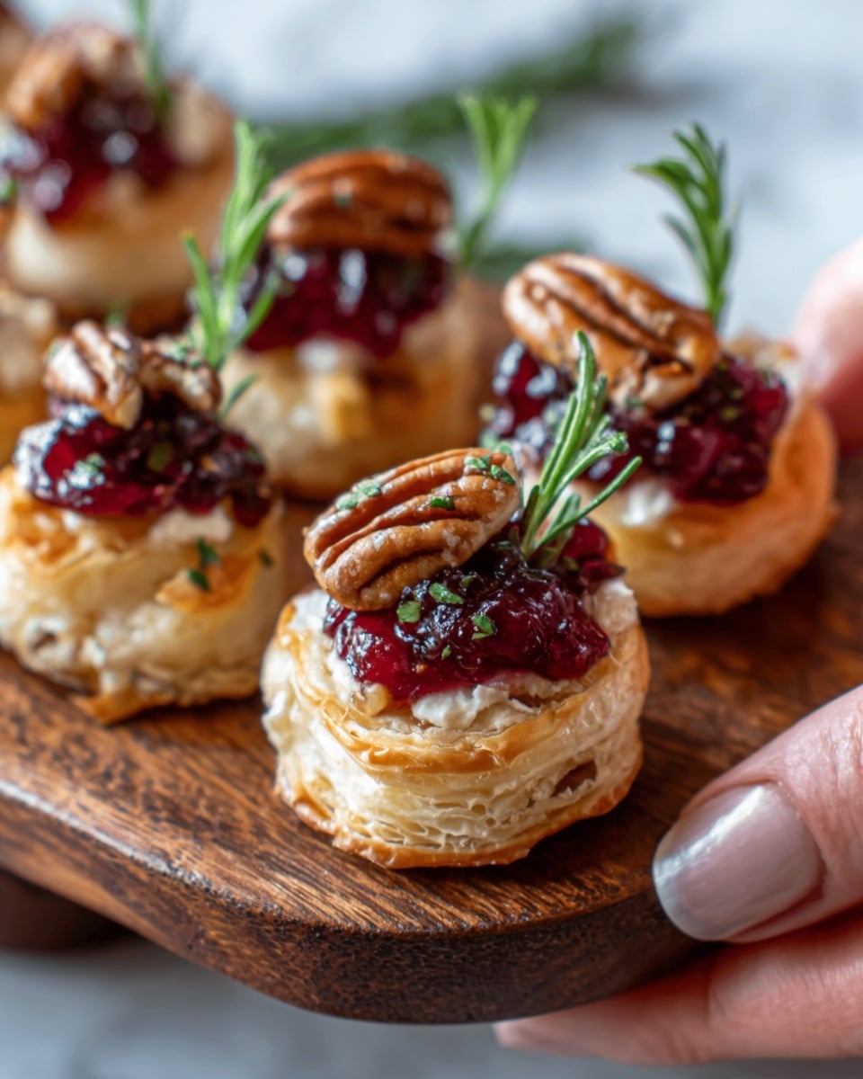 The image shows small, round pastries made of golden, flaky puff pastry as the base layer. On top, there is a middle layer of melted creamy cheese peeking through, followed by a layer of deep red, glossy cranberry sauce that looks thick and chunky. Each pastry is topped with a few shiny, brown pecan halves and small sprigs of fresh green rosemary scattered around for decoration. The pastries are arranged closely on a wooden surface with a white marbled texture visible around the edges. Photo taken with an iphone --ar 4:5 --v 7