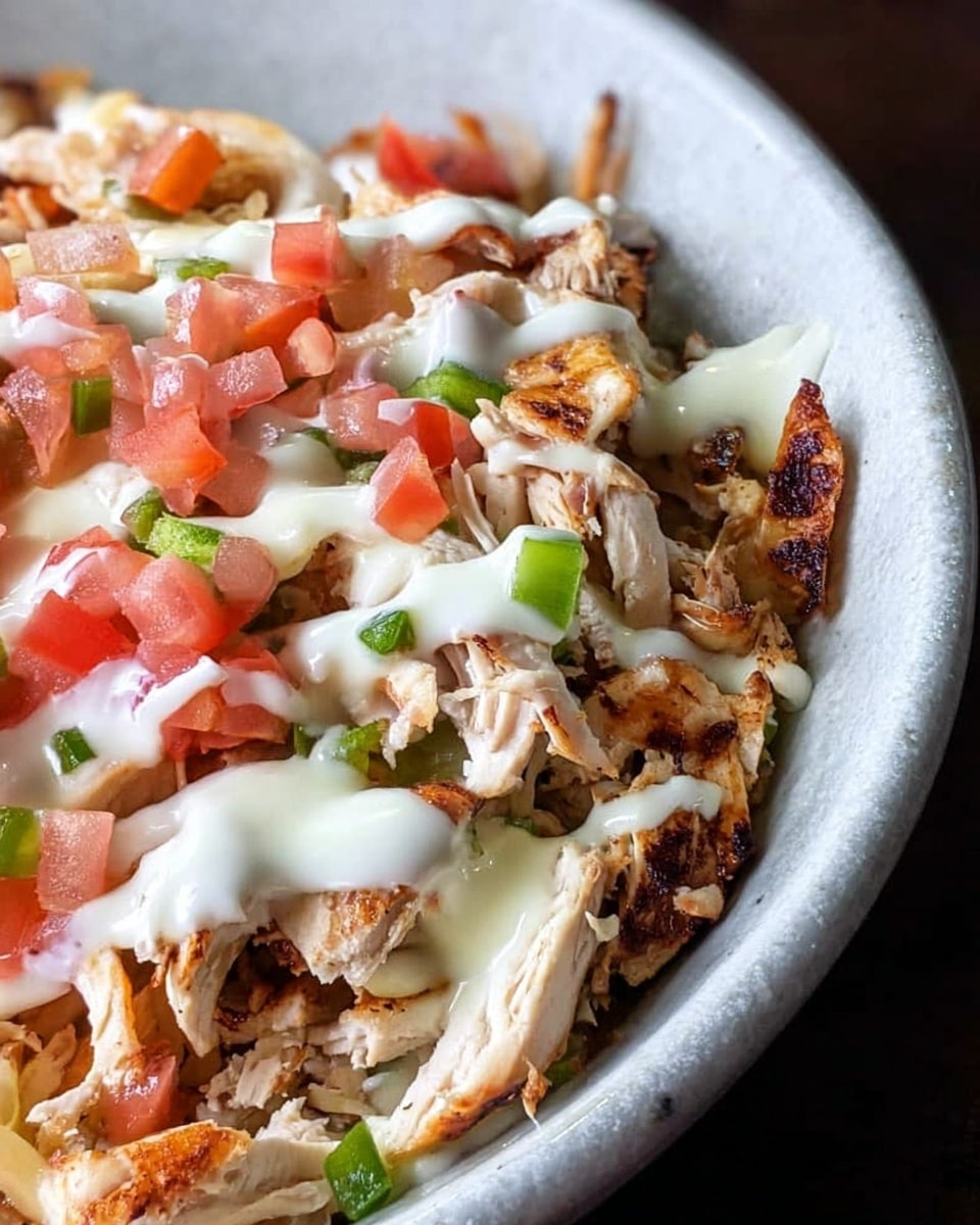 A close-up view of a dish served in a white bowl, set on a white marbled surface, showing three main layers. The bottom layer is shredded cooked chicken with light brown grilled edges, scattered unevenly. On top of this, small diced red tomatoes and chopped green peppers add bright color and freshness, mixed with some white onion pieces. The final top layer is a smooth, white melted cheese sauce drizzled over the meat and vegetables, creating a creamy texture contrast. Photo taken with an iphone --ar 4:5 --v 7