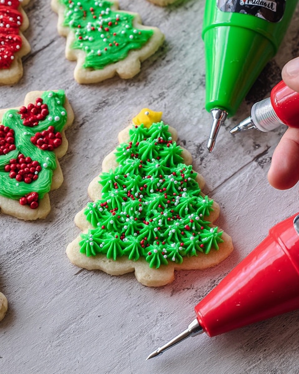 A small tree-shaped cookie with three layers of bright green icing piped in small star shapes covering the surface, topped with small red and white sprinkles and a tiny yellow star at the top. Around the base of the tree are larger green dollops of icing. Nearby there is a rounded cookie covered with thick, red icing that has been piped with small star shapes and finished with green dots and red sprinkles. Two piping bags with green and red icing lie on a dark wood surface. The background is a white marbled texture. photo taken with an iphone --ar 4:5 --v 7