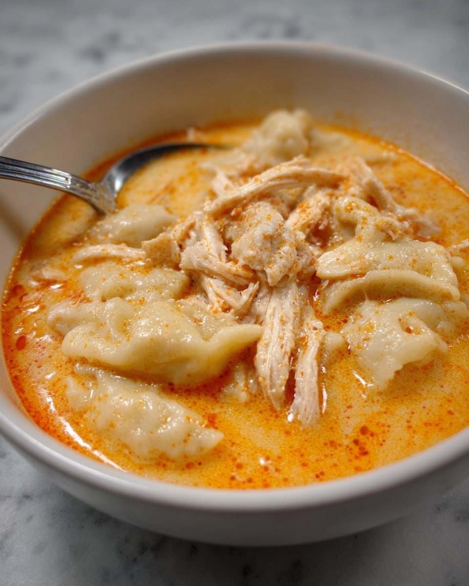 A white bowl filled with a creamy orange broth, with pieces of cooked chicken and soft, white dumplings or dough-like blobs layered on top, the chicken pieces spread unevenly within the soup, creating a textured surface. A metal spoon is partially in the bowl, resting among the ingredients, all placed on a white marbled surface. The soup looks rich and warm with slight oily patches on the broth. photo taken with an iphone --ar 4:5 --v 7