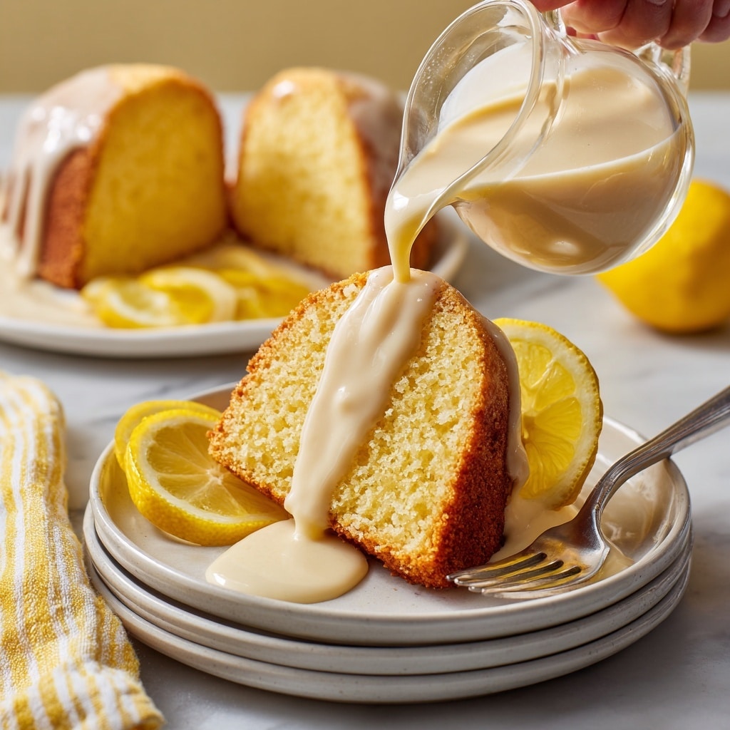 A golden yellow slice of moist cake with a soft, fluffy texture sits slightly tilted on a stack of four white plates. Two bright yellow lemon slices rest against the back side of the cake slice. A thick white sauce is being poured from a small, clear glass pitcher by a woman's hand over the top, dripping down the side. A silver fork is placed on the right edge of the plates. In the background, another white plate holds more slices of the same yellow cake with lemon slices around it. The setup is on a white marbled surface with a yellow-striped white cloth peeking from the bottom left. photo taken with an iphone --ar 4:5 --v 7