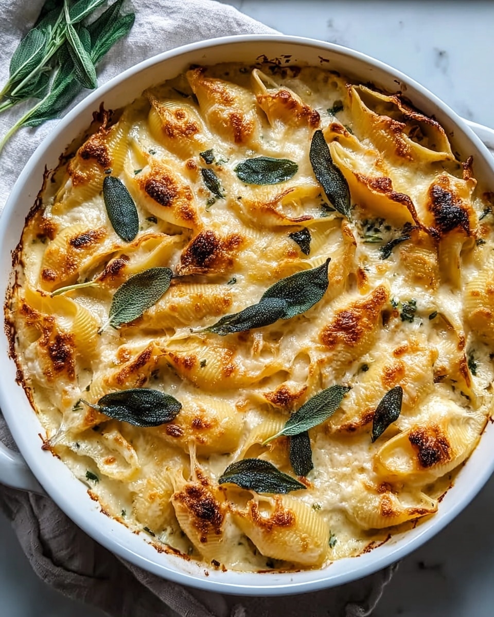 A white bowl filled with a layered baked dish showing golden-brown melted cheese on top, with visible browned spots and fresh green sage leaves scattered evenly across the surface. Below the cheese layer, there are ridged pasta shells stuffed with orange filling, neatly arranged in a circular pattern. The edges of the dish are slightly browned, indicating a baked texture, and the overall appearance is warm and creamy. The bowl sits on a white marbled surface. photo taken with an iphone --ar 4:5 --v 7