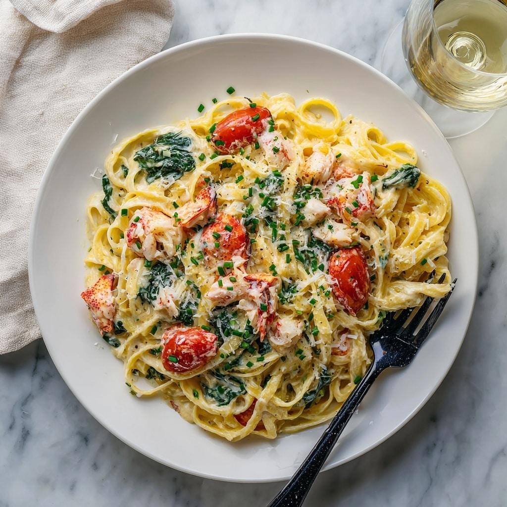 A white plate holds creamy pasta with several layers: the base layer is light yellow fettuccine noodles coated in a thick pinkish cream sauce, mixed with bright green spinach leaves. On top, there are halved red cherry tomatoes and chunks of light pink cooked lobster scattered evenly. The dish is sprinkled with finely grated white cheese and small pieces of dark green chopped chives. A black fork rests on the right side of the plate, catching some pasta noodles. The plate sits on a white marbled surface next to a glass of white wine and a light cloth napkin. photo taken with an iphone --ar 4:5 --v 7