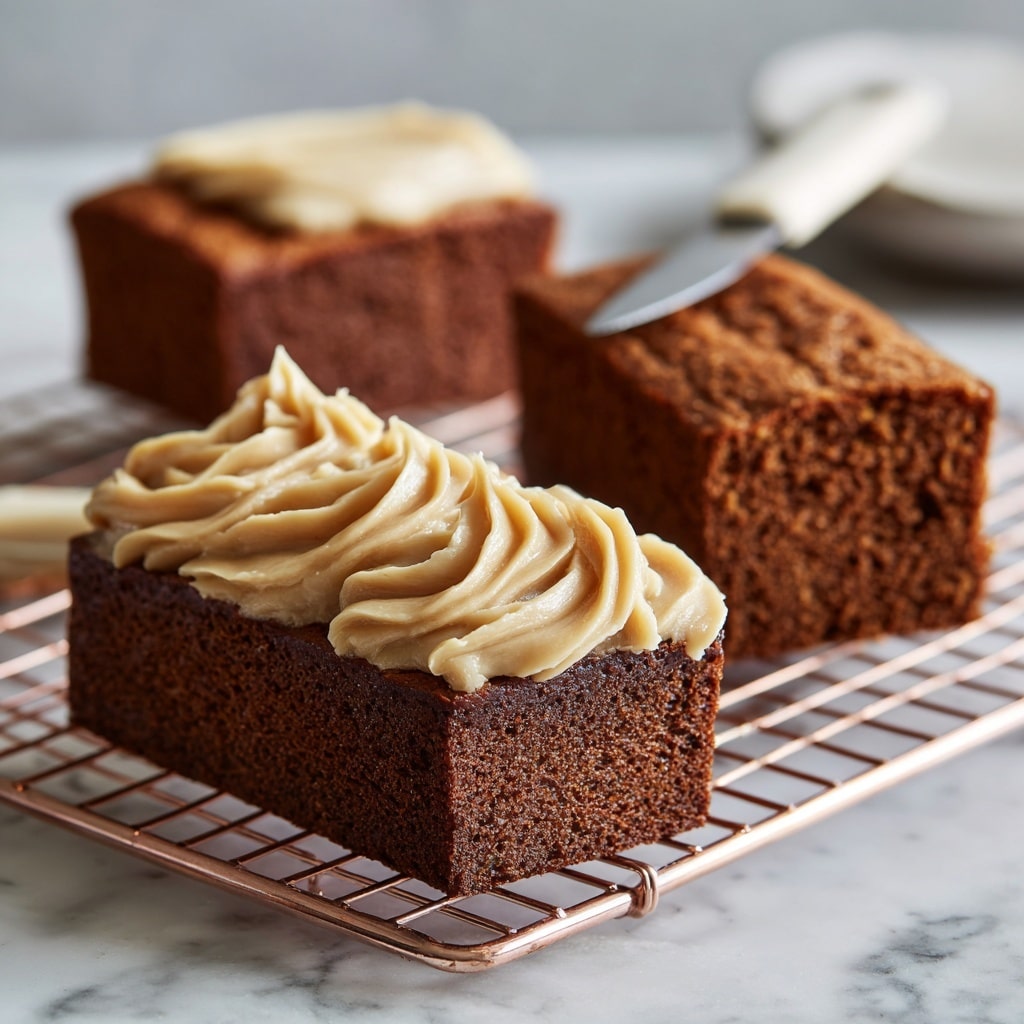 The image shows three small rectangular dark brown cakes on a rose-gold cooling rack placed on a white marbled surface. Two cakes at the front have a thick swirl of light tan frosting generously spread on top, with smooth and glossy texture, while the third cake in the back has no frosting and a rougher top surface. A knife with a bit of frosting is placed behind the cakes, slightly blurred in the background. The overall mood is warm with soft lighting highlighting the texture of the cakes and frosting. Photo taken with an iphone --ar 4:5 --v 7