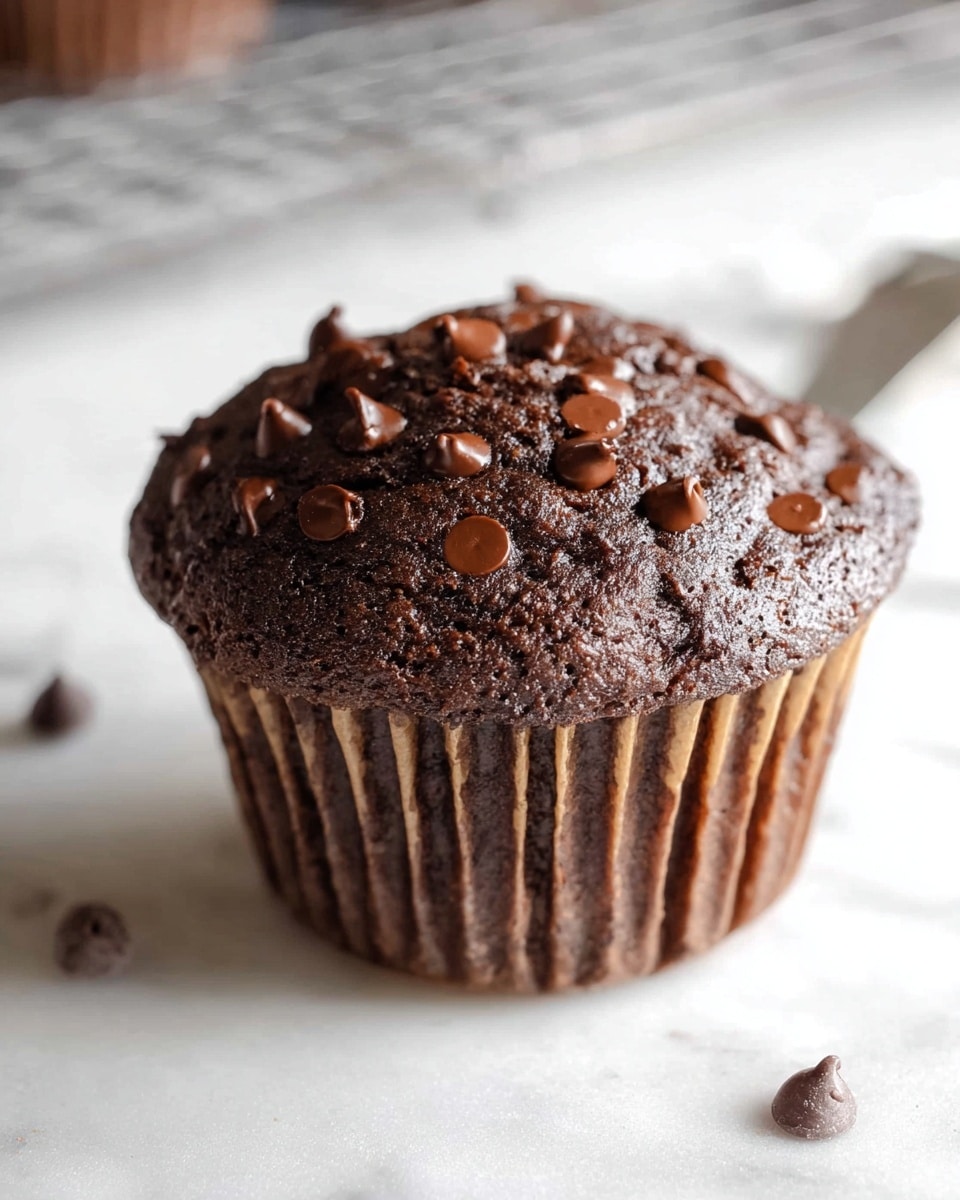 A single rich chocolate muffin sits on a white marbled surface, its top layer deep brown with a slightly rough texture, dotted with glossy, melted chocolate chips scattered across the surface. The muffin wrapper is dark brown and ridged, tightly holding the moist base layer that is dense and fudgy in color and texture. A few loose chocolate chips are spread casually around the base of the muffin. The background shows a blurred white baking rack, adding depth to the image. Photo taken with an iphone --ar 4:5 --v 7