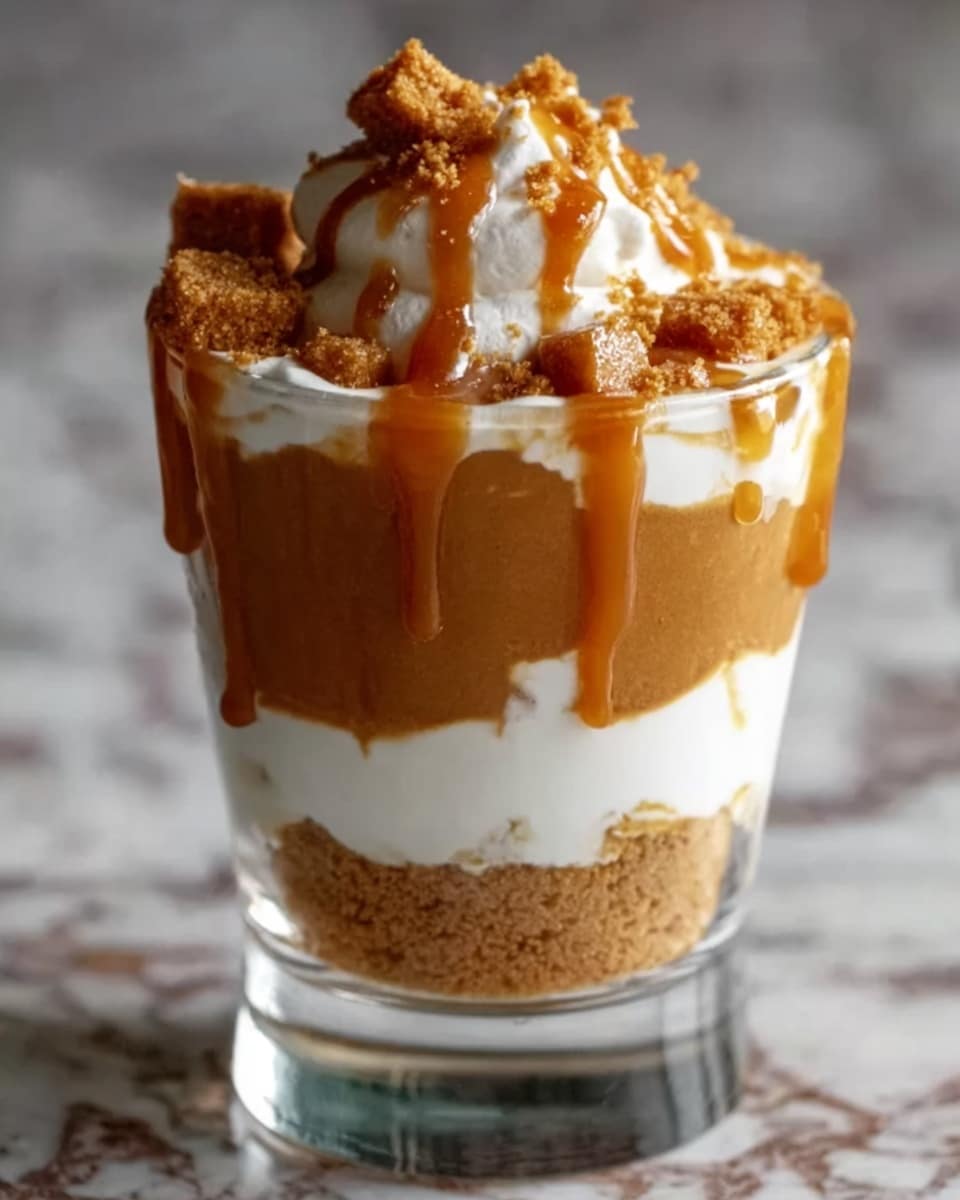 The dessert in a clear glass with a short stem has five visible layers: the bottom layer is crushed light brown cookie crumbs, followed by a thick white whipped cream layer. Above this is a smooth caramel sauce with chunks of dark brown cookies mixed in, topped again by a layer of white whipped cream. The top layer is a generous swirl of whipped cream covered with more caramel sauce drizzled over and scattered with cookie pieces. The glass is set on a white marbled surface with blurred brown and orange background. Photo taken with an iphone --ar 4:5 --v 7