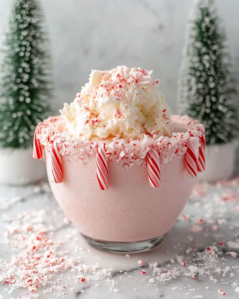A clear glass cup filled with light pink creamy drink is decorated with many small candy canes hanging evenly along the rim, their white and red stripes standing out. On top, there is a big layer of off-white whipped cream with a soft, fluffy texture, sprinkled with crushed candy cane bits in red and white, adding a crunchy look. The cup sits on a white marbled surface with artificial snow around it, and in the background, there are two small green Christmas trees frosted with snow. photo taken with an iphone --ar 4:5 --v 7