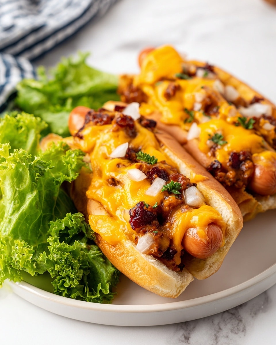 Two hot dogs sit on a white plate with green leaf lettuce on the side, placed on a white marbled surface. Each hot dog has a soft bun with a reddish-brown sausage inside. The top is covered with melted, bright orange cheddar cheese, chunky dark red chili, and small pieces of white onion. The cheese looks gooey and drips slightly over the sides of the buns. The leafy greens beside the hot dogs add a fresh contrast with their bright and dark green shades. photo taken with an iphone --ar 4:5 --v 7