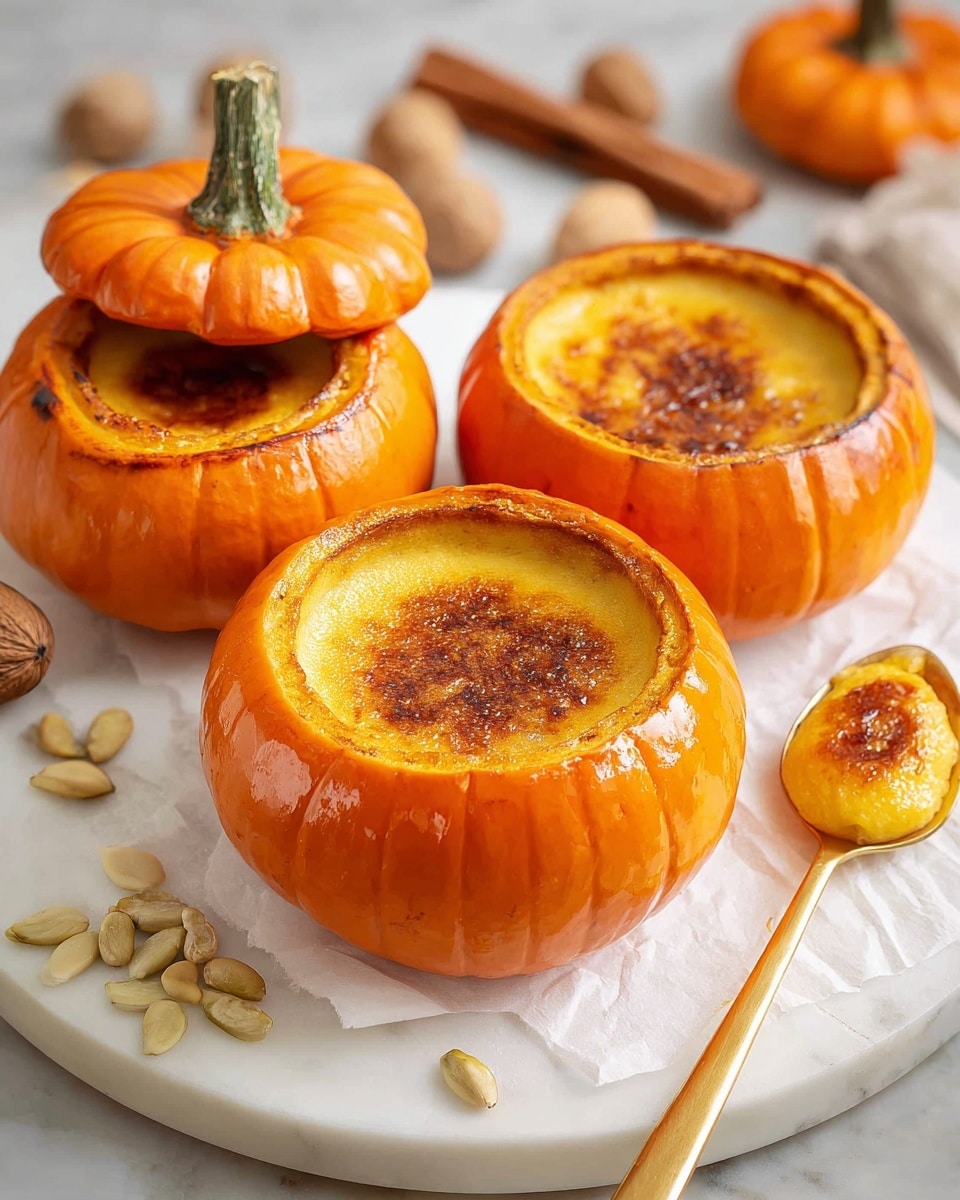 Three small orange pumpkins are hollowed out and filled with a smooth, golden-brown baked custard layer, with the top slightly caramelized and showing a shiny, crisp texture. One pumpkin has its top lid slightly open, revealing the rich custard inside. The pumpkins are placed on a round white marble board lined with white parchment paper. Scattered around the pumpkins are some pumpkin seeds, and a small golden spoon rests on the board with a scoop of the custard, showing its creamy texture. In the background, blurred cinnamon sticks in a glass and some small white and orange pumpkins add depth to the scene. Photo taken with an iphone --ar 4:5 --v 7