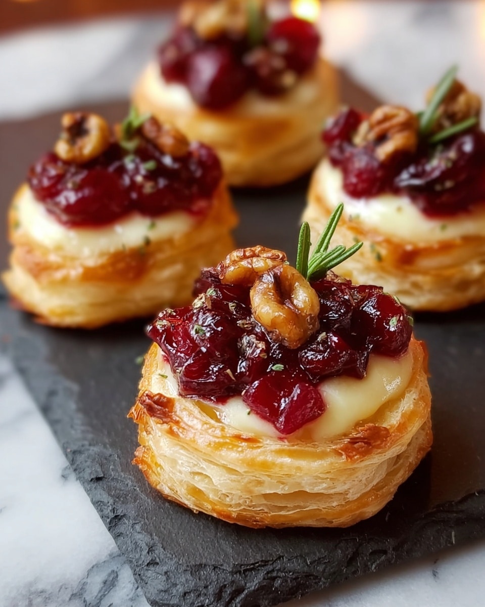 The image shows small round pastries with three visible layers on a dark slate serving board on a white marbled surface. The bottom layer is a golden brown, puffed and flaky crust with visible layers and crimped edges. On top of the crust is a creamy, smooth, pale yellow cheese layer, thick and glossy, filling the center. The top layer consists of a rich, deep red cranberry topping with whole and halved berries, some glistening with syrup, and a small green sprig of rosemary garnishing each pastry. The background shows additional pastries slightly out of focus, emphasizing the front pastry. photo taken with an iphone --ar 4:5 --v 7