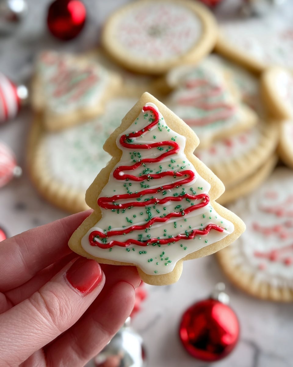 Round cutout cookies have a light golden color with scalloped edges, each cookie showing a Christmas tree shape cut out in the middle filled with white icing, green sprinkles, and thin red icing stripes. There are also tree-shaped cookies decorated similarly with white icing, green sprinkles, and red stripes, placed among the round cookies. Red and white striped string and shiny ornaments in red and white colors are scattered on a white marbled surface under the cookies. photo taken with an iphone --ar 4:5 --v 7