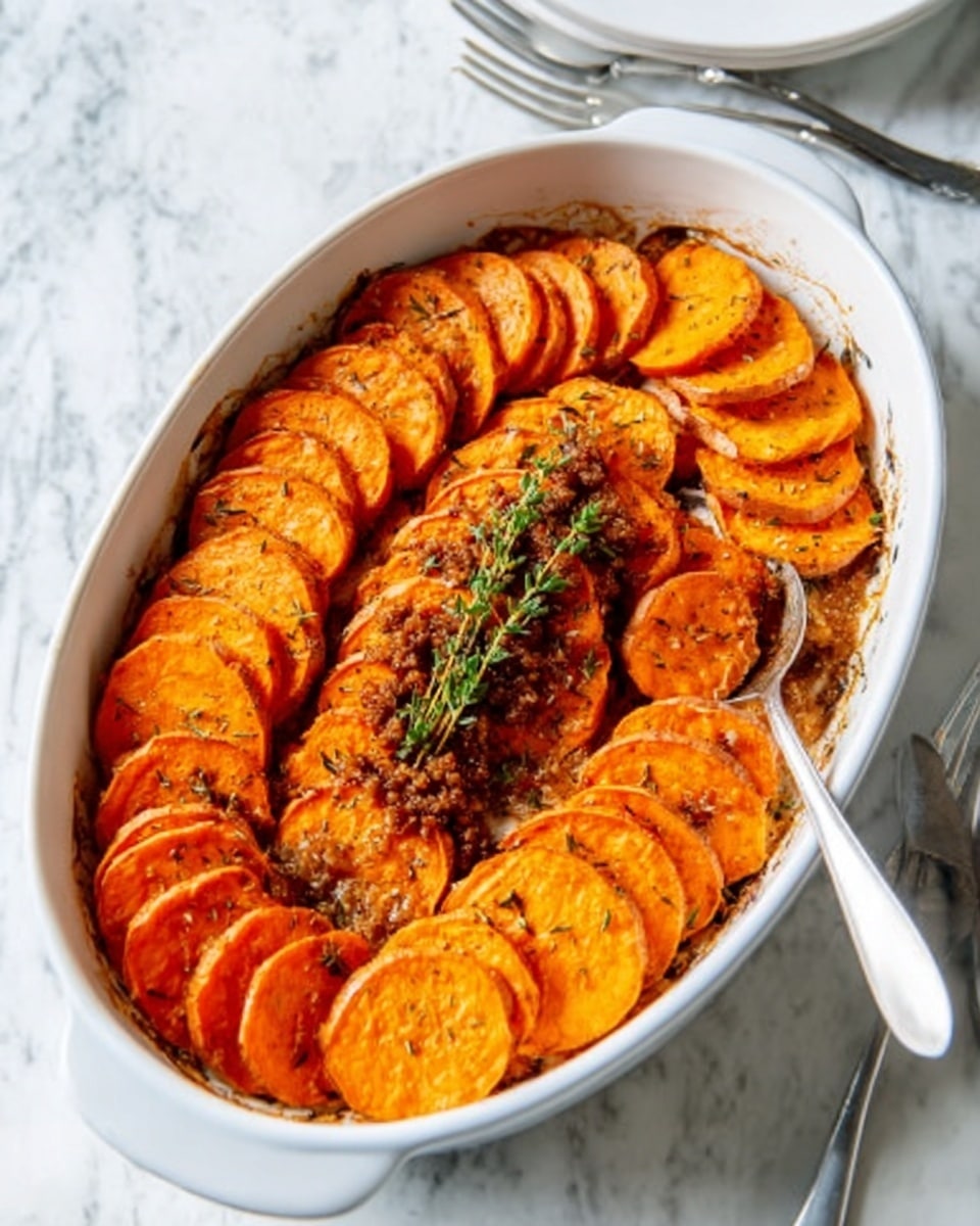 The image shows a white ceramic oval dish filled with evenly sliced sweet potatoes arranged in a neat overlapping circle around the edges, their bright orange color contrasting with the creamy white interior of the dish. In the center, there is a small layer of browned and seasoned mixture, likely ground meat or vegetables, topped with a sprig of green herbs. The sweet potatoes have a slightly crispy texture on the top, and a silver spoon rests inside the dish on the right side. The background is a white marbled surface with a small fork partially visible near the top right corner. Photo taken with an iphone --ar 4:5 --v 7