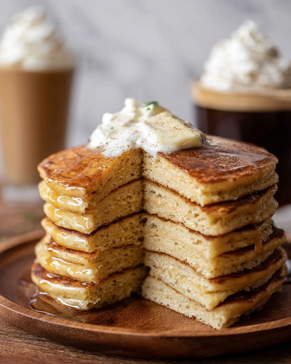 A stack of seven golden-brown pancakes with a soft, slightly porous texture is shown on a round wooden plate, with the front side cut to reveal the inside layers. On top of the stack, there is a dollop of creamy butter melting and spreading down the sides, adding a glossy, light beige shine. In the blurry background, a glass of dark coffee and a light brown drink topped with white whipped cream are visible. The whole scene is set against a white marbled texture background, highlighting the warm, comforting look of the pancakes. photo taken with an iphone --ar 4:5 --v 7