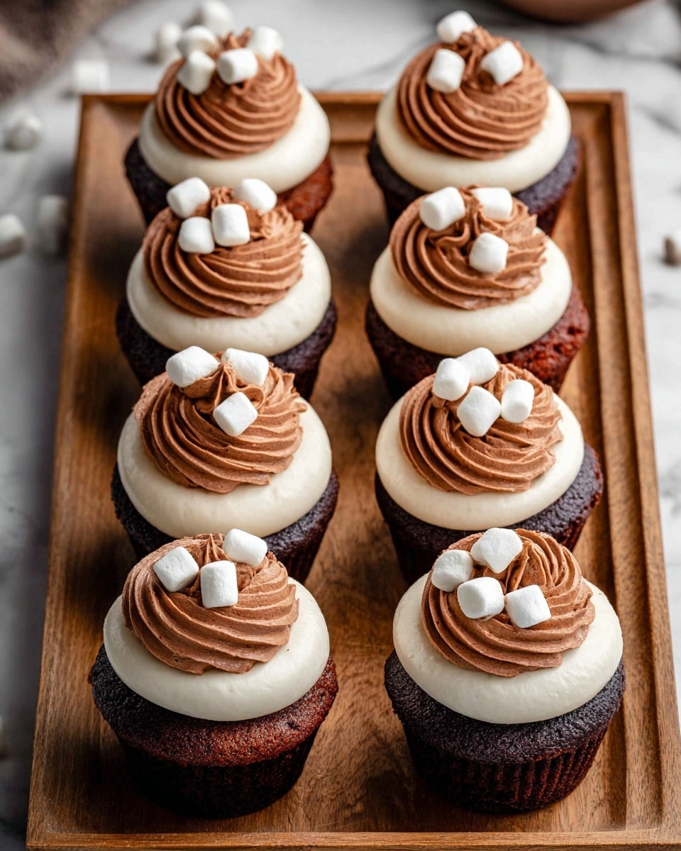 The image shows eight chocolate cupcakes arranged in two rows on a wooden tray. Each cupcake has three layers: the bottom is a dark brown chocolate cake, the middle is a smooth, thick layer of white cream frosting that covers the top flat, and the top layer is a swirl of light brown chocolate frosting piped in a decorative rosette. Small white marshmallows are placed on top of the chocolate frosting swirl on each cupcake. The setting has a white marbled texture underneath the tray and soft natural light highlights the rich colors and soft textures of the cupcakes. Photo taken with an iphone --ar 4:5 --v 7