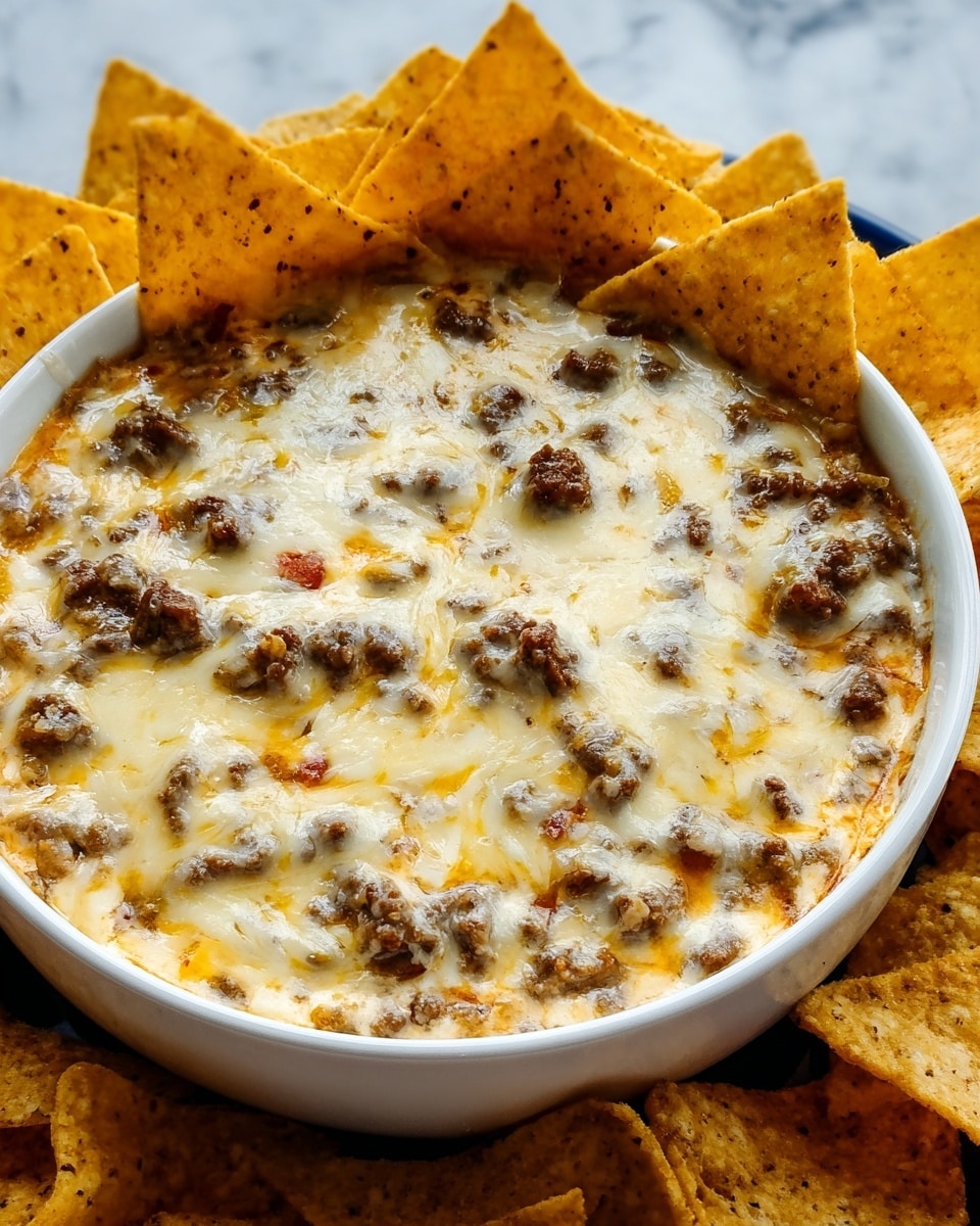 The dish is a close-up view of a layered dip served in a white bowl, placed on a white marbled surface. The bottom layer appears creamy with melted, slightly golden cheese on top, mixed with cooked ground beef and small bits of reddish seasoning scattered evenly across the surface. Around the edge of the bowl, large triangular tortilla chips stand upright, partially dipped into the cheesy mixture, showing their light golden color with specks of seasoning. The melted cheese layer looks glossy and slightly stretchy, covering the beef chunks, giving a rich, melted texture. Photo taken with an iphone --ar 4:5 --v 7
