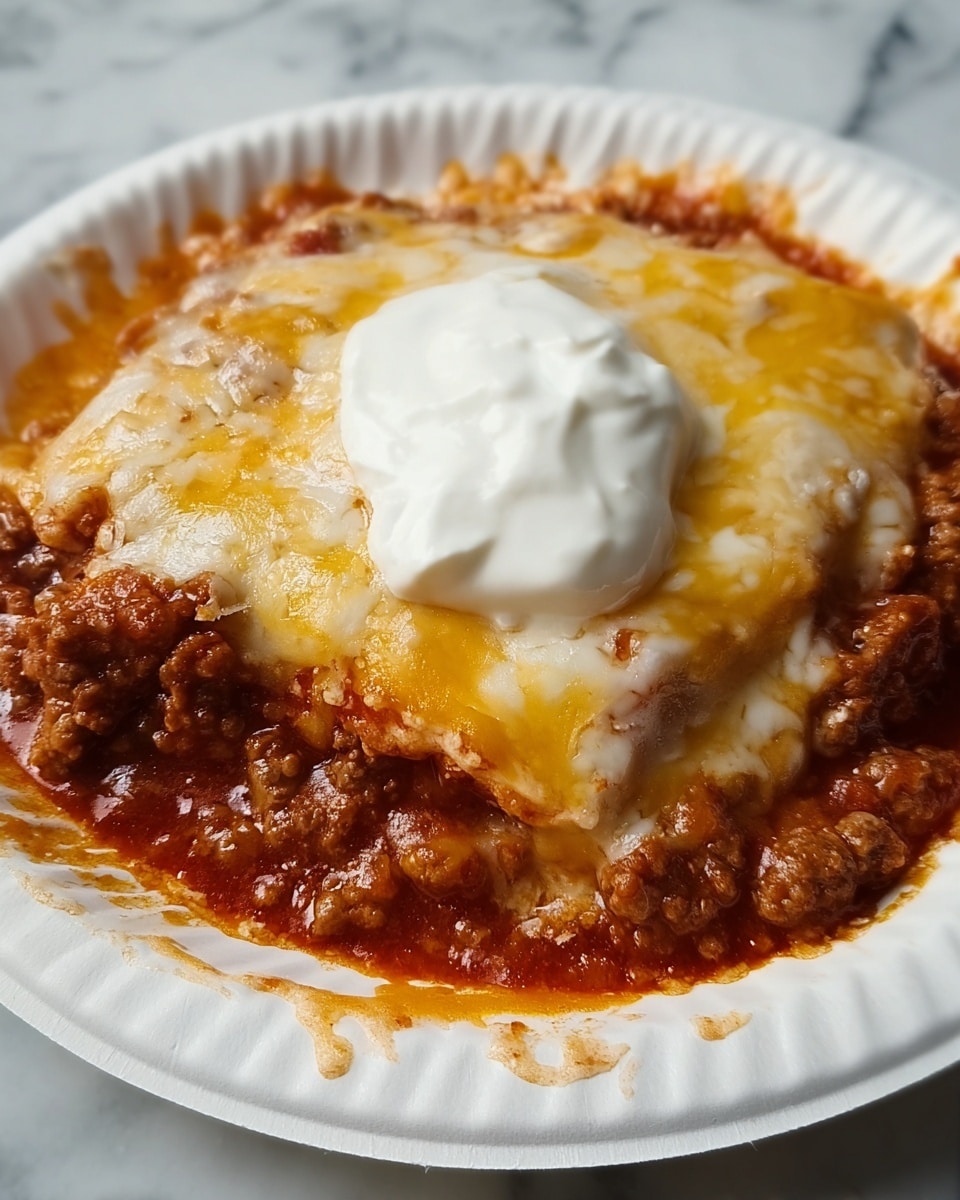A close-up view of a white ridged paper plate holding a layered dish with three main layers: the bottom layer is a rich, chunky ground meat mixed with thick red tomato sauce, the middle layer features soft, folded pasta with sauce soaking into it, and the top layer is melted yellow and white cheese covering the pasta and sauce unevenly. At the center of the dish is a dollop of smooth, white sour cream. The plate sits on a white marbled surface. photo taken with an iphone --ar 4:5 --v 7