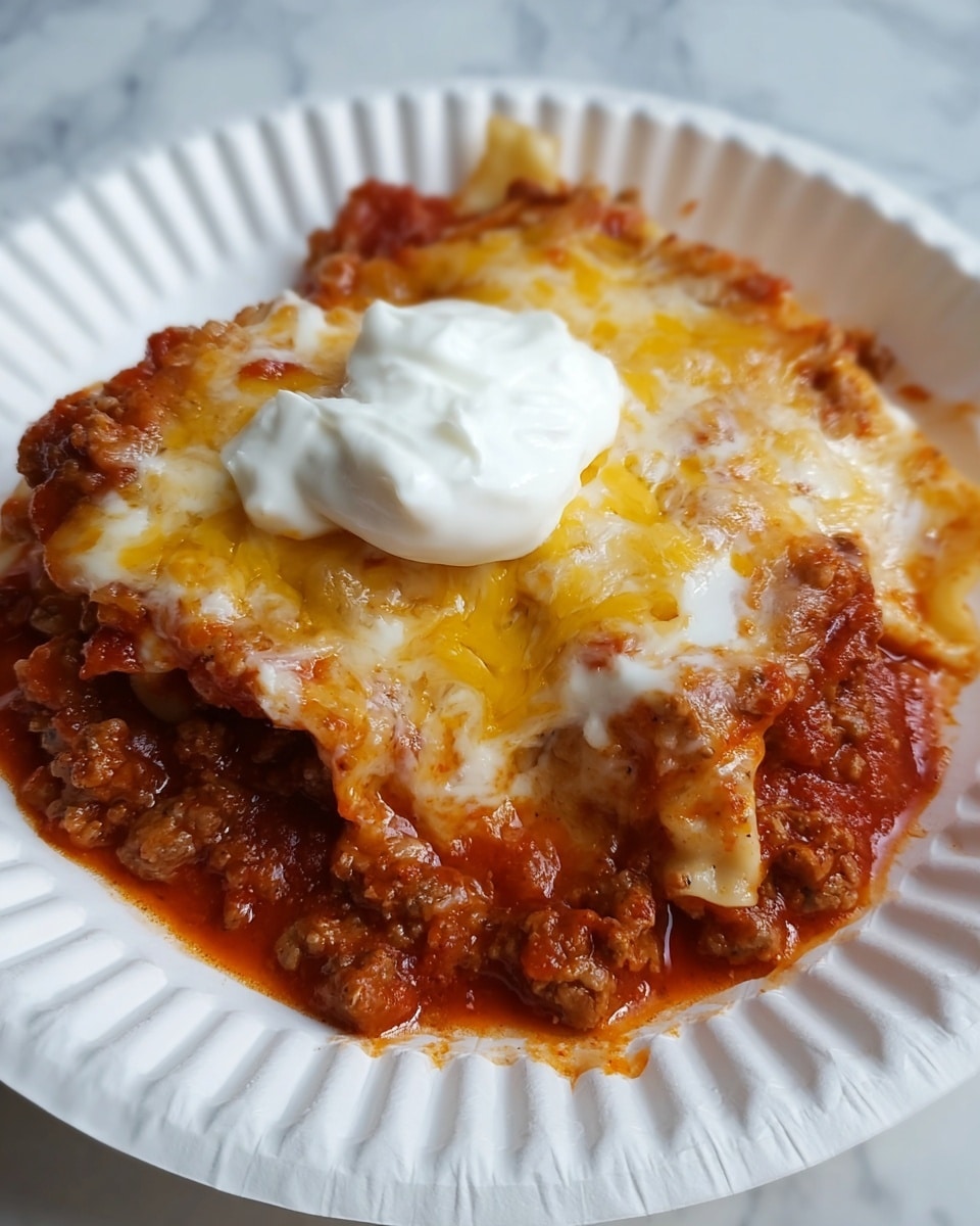 A close-up view of a dish in a white paper plate, showing a thick base layer of cooked ground meat mixed with red tomato sauce, topped with a generous layer of melted cheese that is golden and white in color, covering the meat completely. On top of this cheesy layer, there is a smooth, rounded dollop of white sour cream placed in the center. The plate sits on a white marbled surface with some sauce spilling slightly over the edges. photo taken with an iphone --ar 4:5 --v 7
