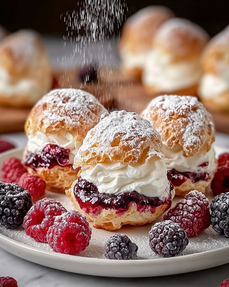 The image shows a white plate on a white marbled surface holding three cream puffs cut in half, each filled with a thick layer of white whipped cream and a layer of dark red berry jam with a shiny texture. The golden brown puff pastry is flaky and dusted heavily with white powdered sugar falling from above. Around the puffs, there are fresh red and black raspberries, some also sprinkled with powdered sugar, creating a contrast with the crispy pastry and smooth cream. The background features more blurred cream puffs adding depth to the image. photo taken with an iphone --ar 4:5 --v 7