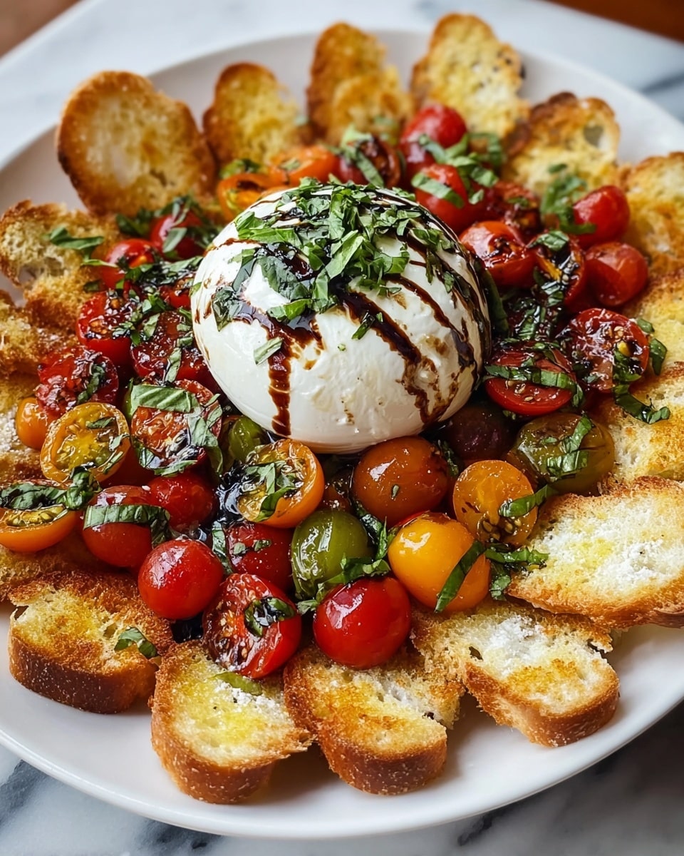 A large white plate holds a fresh, colorful dish arranged in layers. At the center, there is a smooth, round white burrata cheese topped with dark brown balsamic glaze drizzled in lines and sprinkled with finely chopped green basil. Surrounding the cheese is a mixture of halved cherry tomatoes in bright red and yellow, mixed with green basil pieces and a light dusting of grated cheese. Around the edge of the plate, there are several golden-brown toasted baguette slices leaning against the tomatoes. The whole dish is placed on a white marbled surface. photo taken with an iphone --ar 4:5 --v 7
