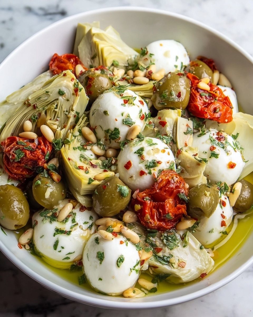 A white bowl filled with a mix of marinated ingredients showing several layers and colors: the bottom layer is a golden-yellow olive oil base with herbs scattered throughout, sitting beneath a mix of green artichoke hearts sliced into wedges, whole green olives, and small white mozzarella balls. Bright red sun-dried tomato halves add a pop of color on top, along with some pine nuts sprinkled over the dish. The textures range from soft mozzarella and artichokes to the firm olives and wrinkled tomatoes, all coated lightly with herbs and oil. photo taken with an iphone --ar 4:5 --v 7
