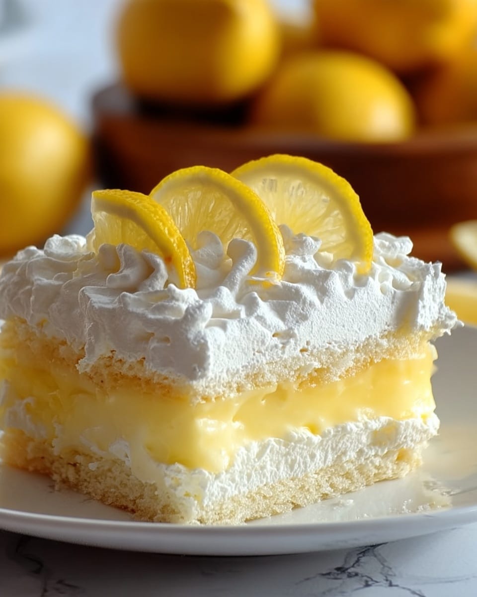 A close-up of a square slice of lemon cream cake on a white plate, showing three distinct layers: a soft, light yellow sponge base, a thick middle layer of smooth, glossy pale yellow lemon cream, and a thick top layer of fluffy, white whipped cream with several soft peaks. On top, three thin, circular lemon slices lay flat, adding bright yellow color contrast. The background has whole lemons out of focus on a white marbled surface. Photo taken with an iphone --ar 4:5 --v 7
