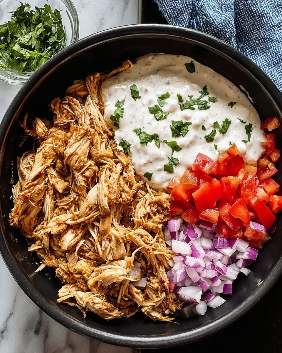 A black bowl is filled with shredded brown chicken that looks juicy and tender, taking up about half the bowl on the left side. Next to the chicken, in the center right, is a thick white sauce topped with small green herb pieces, giving it a fresh look. On the right side of the bowl, there are two separate piles of small diced vegetables: bright red tomatoes and purple onions. The bowl is placed on a white marbled surface, with a small glass bowl of green herbs nearby and a blue and white striped cloth touching the top right edge. Photo taken with an iphone --ar 4:5 --v 7