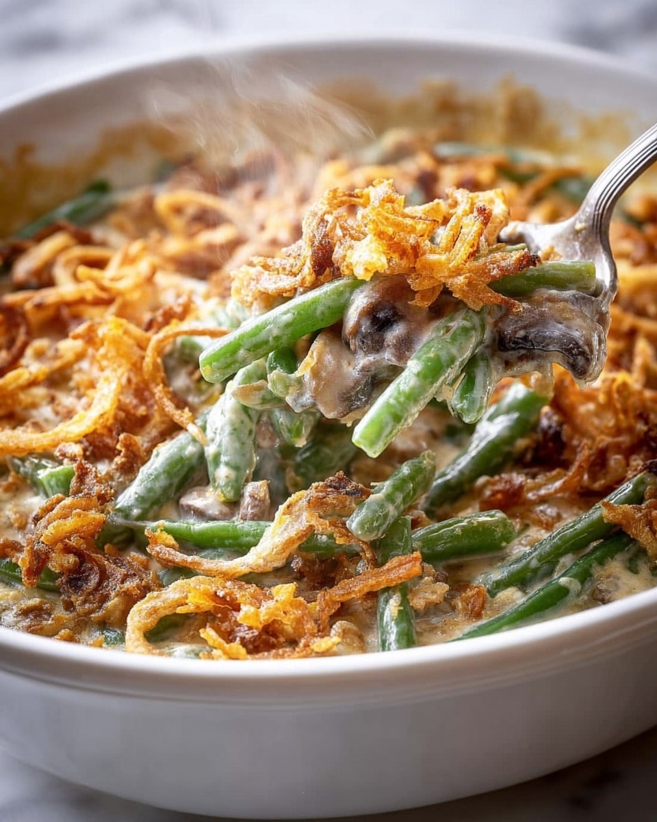 A creamy green bean casserole in a white oval dish on a white marbled surface, showing a top layer of golden-brown crispy fried onions with uneven, crunchy texture scattered generously; below the crispy onions is a smooth, pale beige creamy sauce speckled with dark brown mushrooms and bright green, firm green beans, some of which stick out along the edges; the green beans are long and slender, adding color contrast and freshness to the dish. photo taken with an iphone --ar 4:5 --v 7